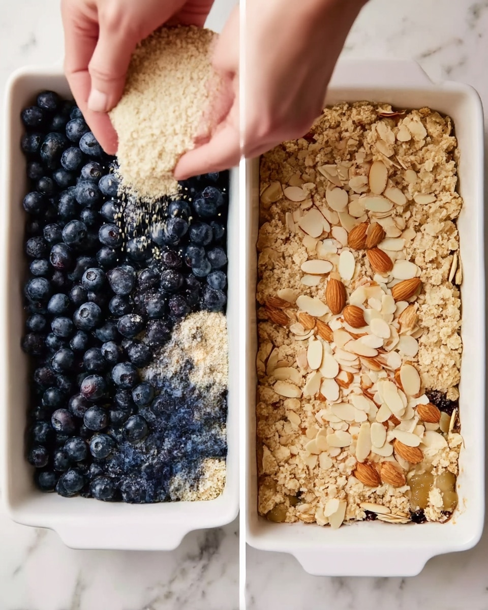 The image shows two white rectangular baking dishes side by side on a white marbled surface. The left dish is filled with dark blue blueberries, and a woman's hand is sprinkling a layer of light beige crumbly mixture over the berries. The right dish contains a similar crumbly mixture topped with sliced almonds, with a woman's hand placing sliced almonds on top. Each dish has two visible layers: the bottom layer with fruit or crumbly mix and the top layer of crumbs or almonds. Photo taken with an iphone --ar 4:5 --v 7