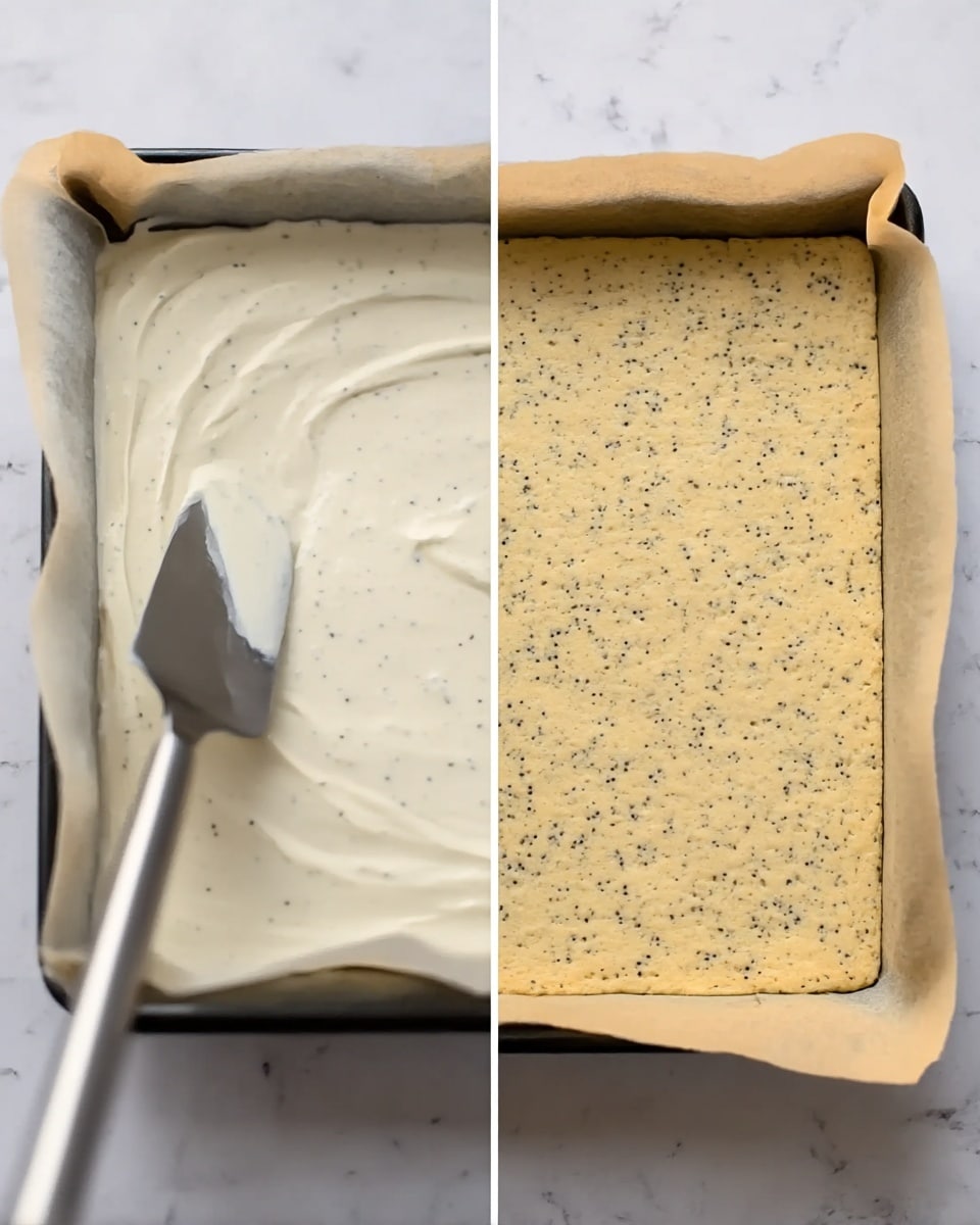 The image shows two side-by-side views of a baking tray lined with parchment paper on a white marbled surface. On the left side, a close-up of a creamy white batter with small black specks is being spread evenly with a metal spatula that fills the tray. On the right side, the same tray holds a baked flat cake or crust, now light golden brown with the black specks visible throughout its surface, showing a slightly rough texture. The parchment paper edges are folded over the tray sides. Photo taken with an iphone --ar 4:5 --v 7