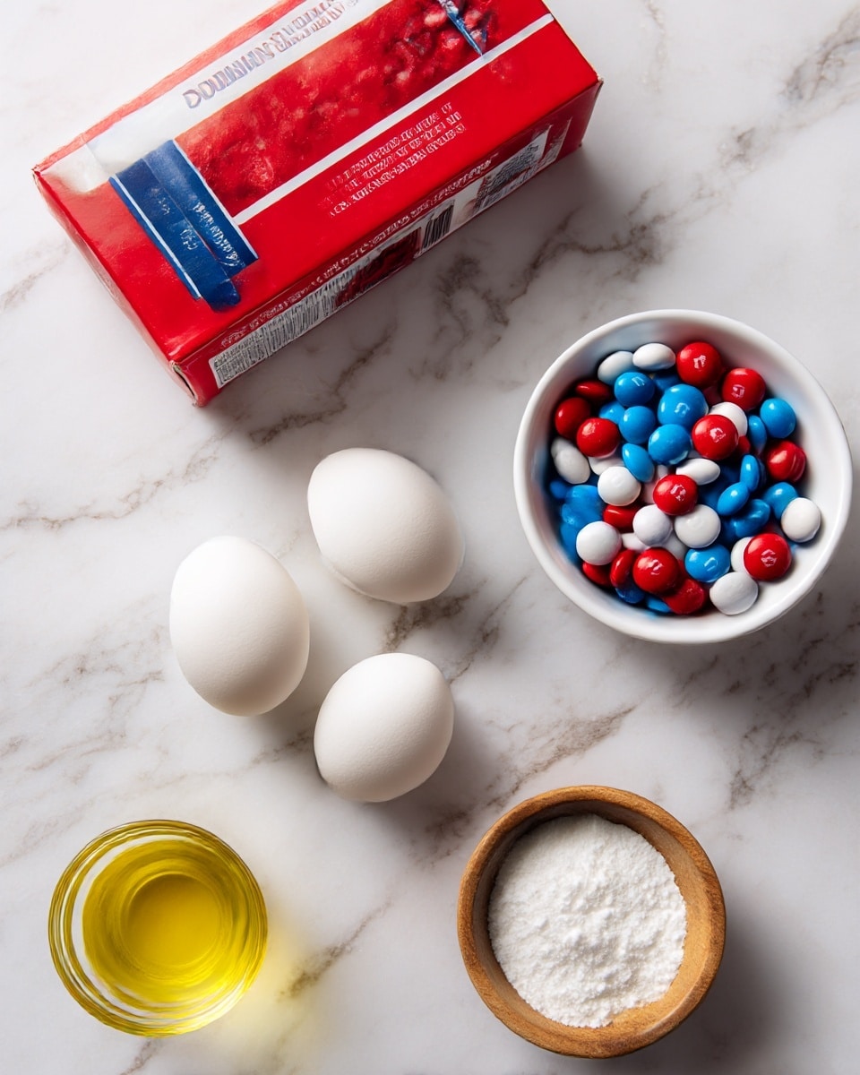 A red and white box of Duncan Hines Perfectly Moist Red Velvet Cake Mix sits on a white marbled surface. Below it, two white eggs rest in a small white bowl. To the right, a small white bowl is filled with red, white, and blue M&M candies. Above the candy bowl, a small glass holds a yellow liquid, likely oil. At the bottom center, a small wooden bowl is filled with white sugar. The colors of the items contrast brightly against the white marbled background. photo taken with an iphone --ar 4:5 --v 7