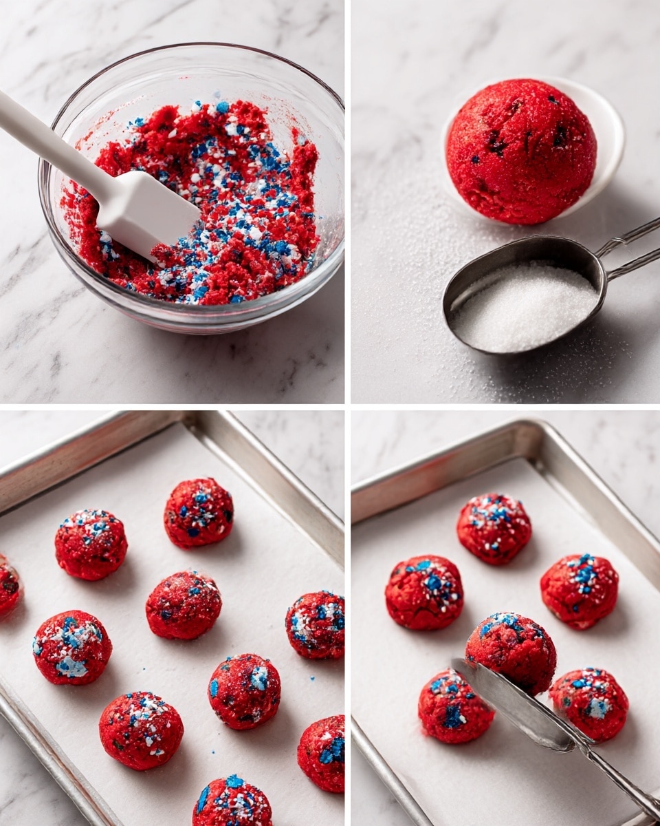 The image shows four scenes of making red cookie dough with red, white, and blue candy pieces on a white marbled surface. In the top left, a clear glass bowl holds red cookie dough mixed with red, white, and blue candies, with a white spatula inside. The top right shows a cookie dough ball coated with sugar being rolled, next to a white bowl of sugar and a metal scoop. The bottom left displays six sugar-coated dough balls evenly spaced on a white tray lined with parchment paper. The bottom right shows six baked red cookies with the colorful candies on a white parchment-lined tray, one being lifted with a metal spatula. Photo taken with an iphone --ar 4:5 --v 7