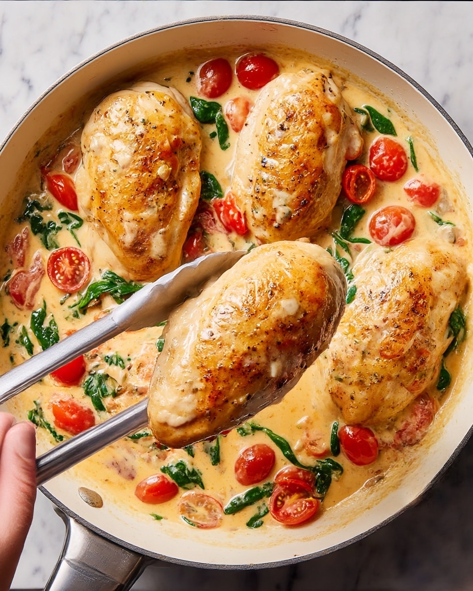 The image shows a white frying pan with four large, golden-browned pieces of cooked chicken, each sitting on top of a creamy sauce. The sauce is light orange with scattered bright red cherry tomatoes and fresh green spinach leaves, creating a colorful contrast against the creamy base. One piece of chicken is being lifted by silver tongs held by a woman's hand on the left side of the image. The pan is placed on a white marbled surface. photo taken with an iphone --ar 4:5 --v 7