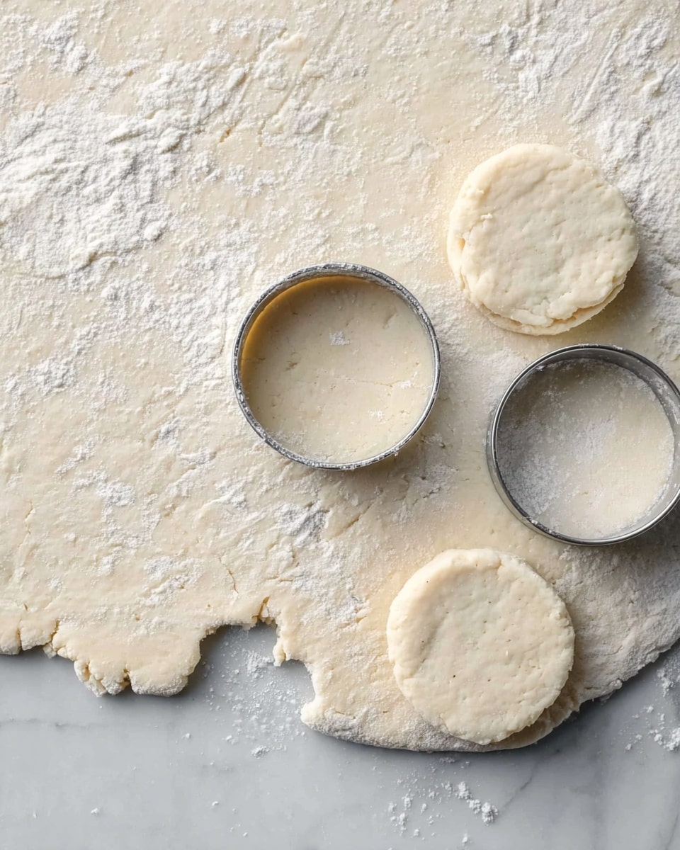 A flat, rolled-out dough sheet dusted with white flour lies on a white marbled surface. Two round shapes have been pressed out using a circular cutter, placed near the top right of the dough, while two round dough pieces rest nearby on the surface. The dough looks soft and slightly crumbly with a pale creamy color, and loose flour is scattered around the edges. The metal circular cutter has some dough inside it and is positioned near one of the cut shapes. photo taken with an iphone --ar 4:5 --v 7