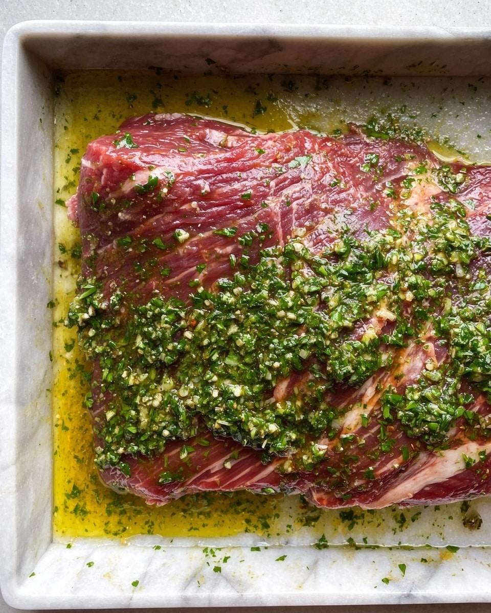 A raw piece of meat with visible light and dark red textures lies flat in a white marbled baking tray. The meat is covered unevenly by a layer of chopped green herbs mixed with a yellowish oil, scattered mostly on the top and right side, leaving some parts of the meat fully visible on the left. The meat shows some fat lines and a slightly rough texture. The background is a white marbled surface. photo taken with an iphone --ar 4:5 --v 7