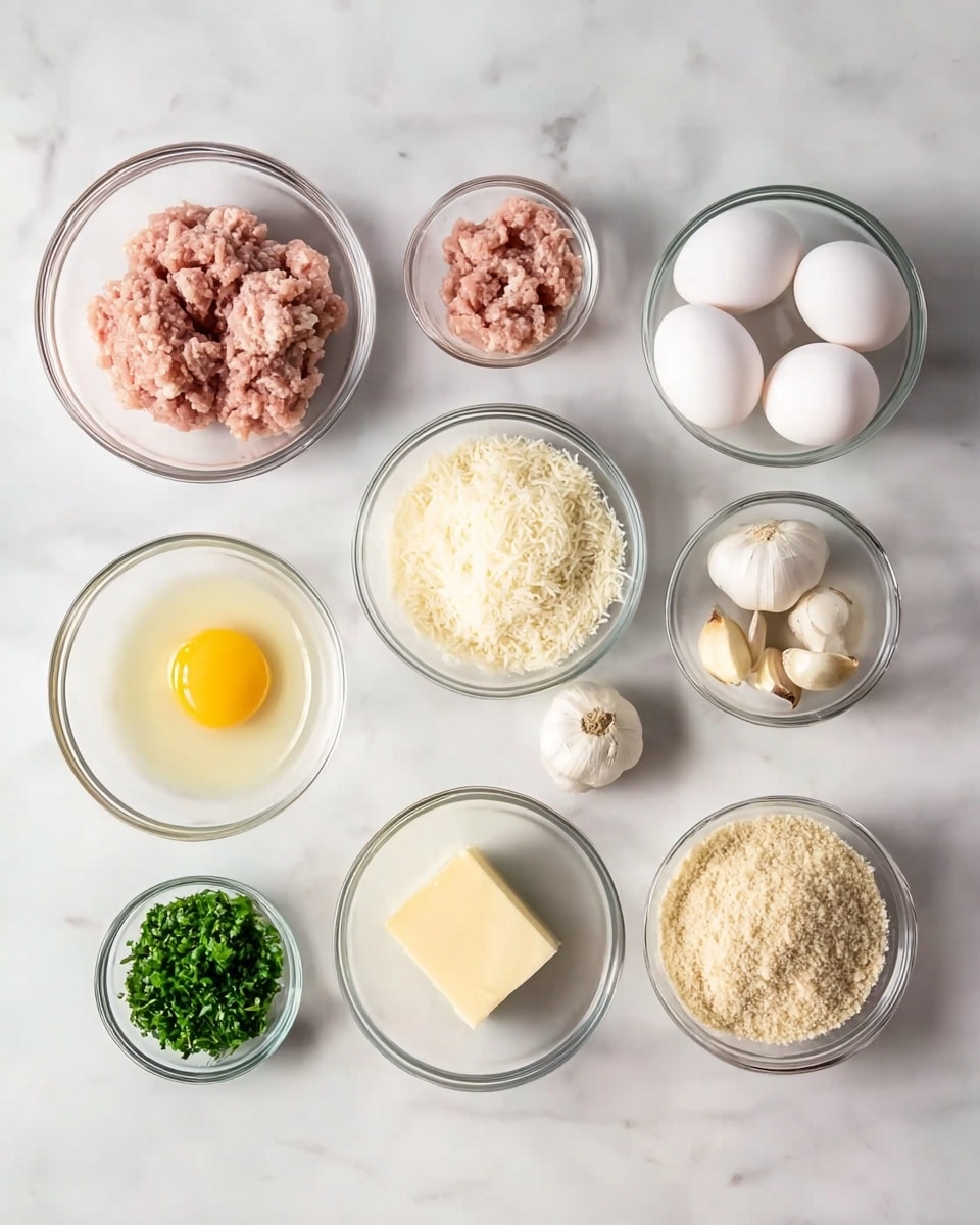 Clear glass bowls are arranged neatly on a white marbled surface, each containing different ingredients. From left to right, the first row has a bowl with pale pink raw minced meat, next a smaller bowl with similar mince but slightly less in amount. To the right of this, a bowl holds two white eggs. Further right, a bowl contains several peeled garlic cloves, and next to it, a whole garlic bulb rests on the surface. In the second row, starting from the bottom left, a bowl holds one cracked raw egg with a visible yellow yolk. Beside it, a small bowl has a yellow square of butter. Moving right, there is a bowl filled with white uncooked rice, then a bowl filled with green chopped herbs, and finally a bowl containing light beige breadcrumbs. The entire scene looks clean and organized, with the ingredients ready for cooking photo taken with an iphone --ar 4:5 --v 7