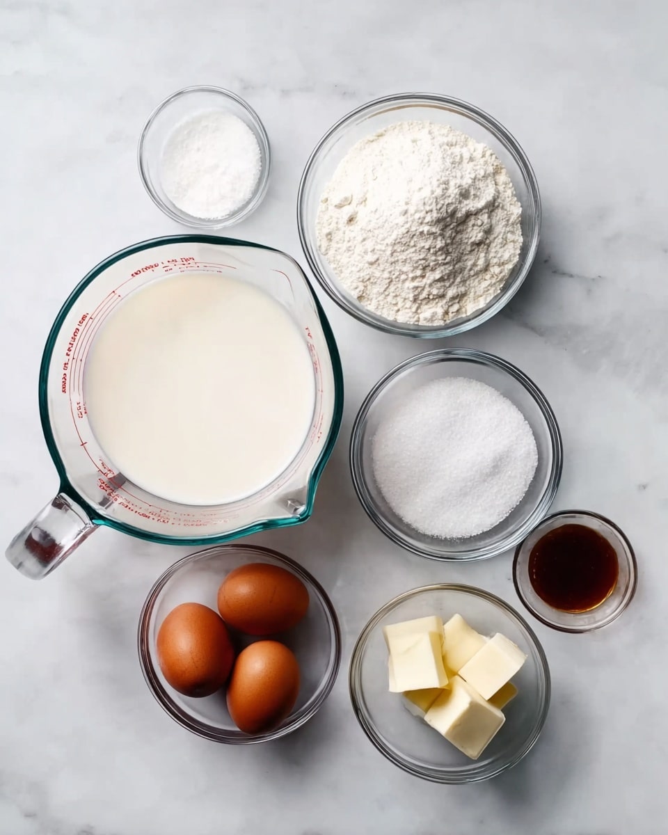 The image shows six small clear glass bowls and one large clear glass measuring cup on a white marbled surface. The large measuring cup is filled with white milk. One small bowl has three brown eggs. Another small bowl contains white sugar. A smaller bowl next to it holds white flour. There is a tiny bowl with two small butter pieces, and another small bowl with brown vanilla extract. All the containers are placed with some space between them, arranged neatly on the surface. Photo taken with an iphone --ar 4:5 --v 7