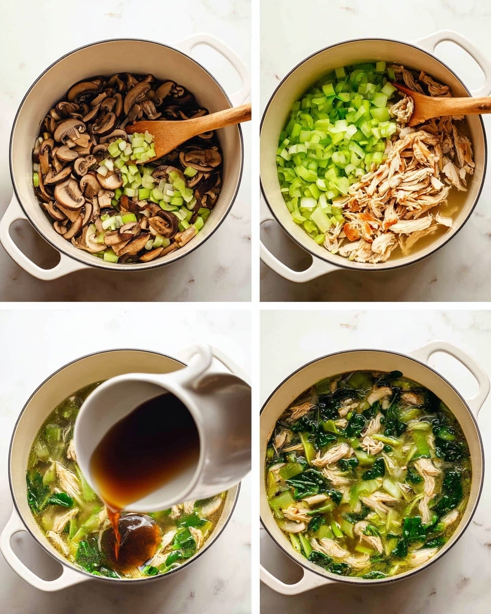The image shows a white pot on a white marbled surface with four stages of making a soup. First, thin brown slices of cooked mushrooms and diced onions mixed with green celery fill the pot, with a wooden spoon resting inside. Next, shredded pale orange chicken and bright green leafy vegetables are added on top of the mushrooms and celery, with a pale liquid being poured over them. In the third stage, dark brown liquid is being added with a spoon into the pot, which now contains the chicken and vegetables. Lastly, the soup looks ready with a mix of green leafy vegetables, sliced mushrooms, and chunks of chicken in a clear broth. The pot’s white handles are visible in all stages. photo taken with an iphone --ar 4:5 --v 7