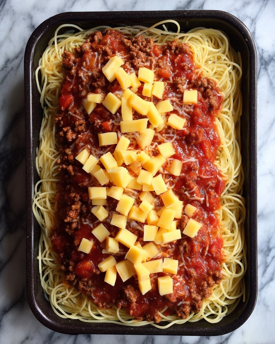 A black rectangular baking dish filled with cooked spaghetti at the bottom layer, topped with a thick layer of red tomato sauce mixed with small browned meat pieces. On top of the sauce, there are several small cubes of melting yellow cheese scattered evenly. The dish is placed on a white marbled surface. photo taken with an iphone --ar 4:5 --v 7