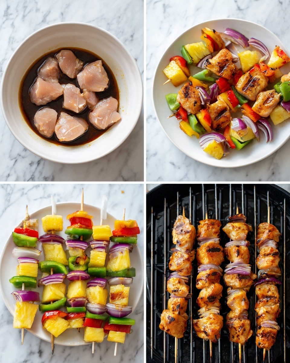 The image shows four steps of making chicken skewers. In the first part, raw light pink chicken pieces are placed inside a white bowl on a white marbled surface. The second part shows the same chicken soaked in a dark brown sauce inside the bowl. In the third part, the marinated chicken is arranged on white skewers alternated with bright yellow pineapple chunks, green and red bell pepper pieces, and purple onion slices, all laid out on a white plate over a white marbled surface. The last part displays the skewers being grilled; the chicken pieces have turned a darker golden brown, and the vegetables still keep their bright colors, placed on a black grill rack. Photo taken with an iphone --ar 4:5 --v 7