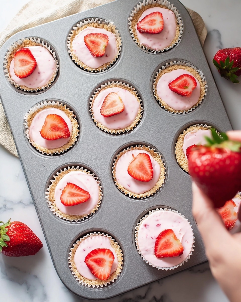 The image shows a gray muffin tray filled with 12 cupcake liners, each containing a pink creamy mixture with a slice of red strawberry on top. Each liner has a base layer that looks crumbly and golden brown, topped by a thick light pink mousse-like layer speckled with small bits of strawberry, and a fresh, glossy red strawberry slice placed on the center. Three whole red strawberries are placed around the tray on a white marbled surface, next to the tray. A woman’s hand is holding one of the whole strawberries. The scene is bright and fresh, with soft natural light. Photo taken with an iphone --ar 4:5 --v 7