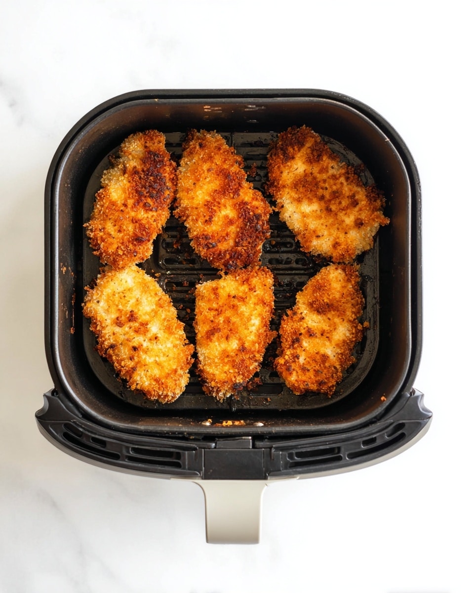 The image shows five pieces of crispy fried food inside a black air fryer basket. The pieces are rough and crunchy with golden brown and slightly darker spots on their surface. They are arranged in two rows, three on the bottom and two larger ones along the top, with one piece on the far right that is thicker and more rounded compared to the rest. The air fryer basket is held by a white handle and is placed on a white marbled surface. photo taken with an iphone --ar 4:5 --v 7