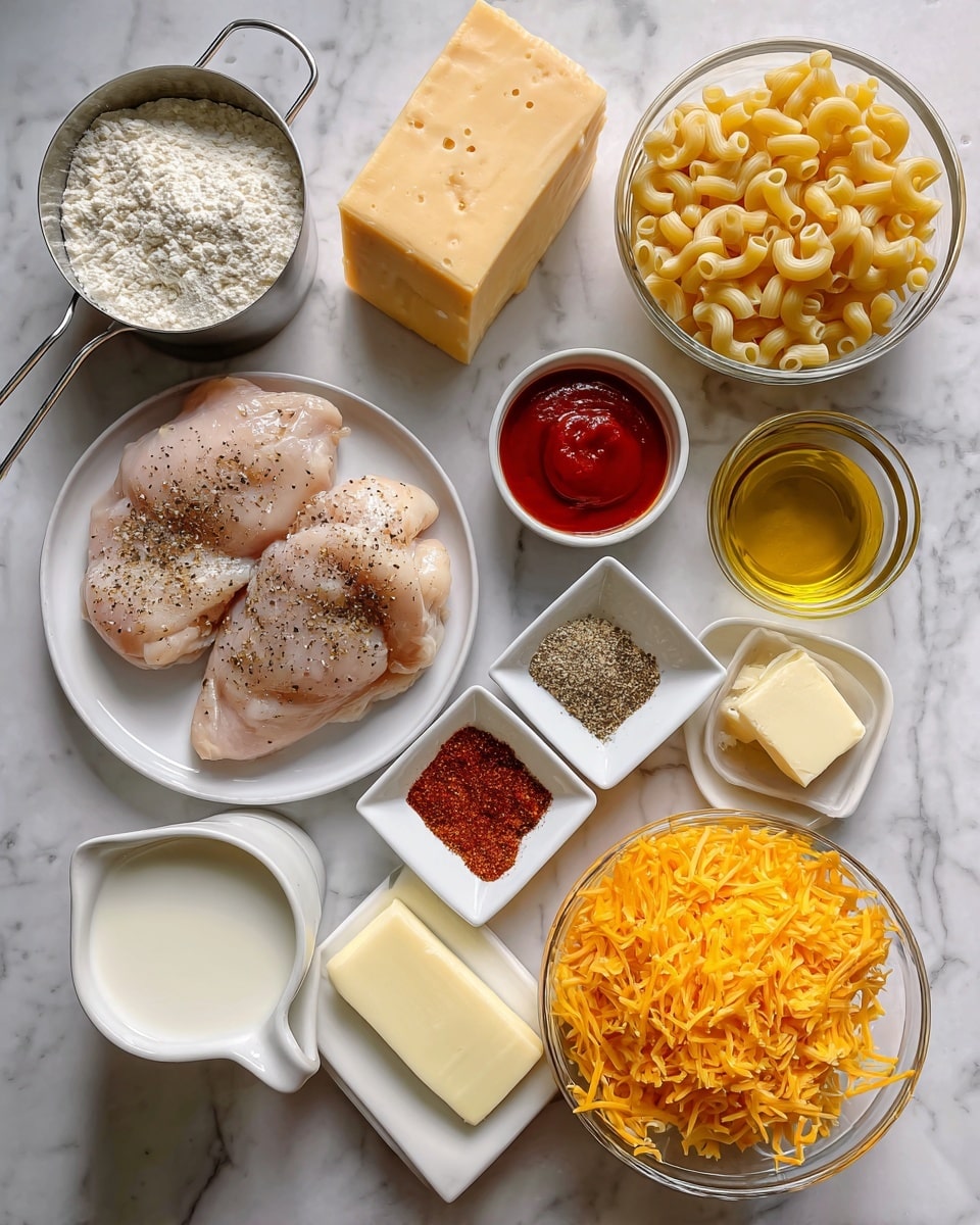 The image shows several ingredients neatly arranged on a white marbled surface. There is a white round plate with three pieces of raw chicken seasoned with black pepper at the bottom left. Above it, a metal measuring cup holds white flour. To the left of the cup, a block of pale yellow pepper jack cheese with some pieces broken off is placed. Next to the cheese, a small white bowl contains bright red hot sauce. To the right side, a clear glass bowl is filled with uncooked yellow macaroni shells. Below it, a white bowl holds shredded orange cheddar cheese. A small glass cup near the cheese contains golden olive oil. Above the chicken plate, there is a white square dish with four different seasonings, showing mixed powdered spices of red, white, and green colors. In the center, a metal cup filled with white milk is visible. Below the milk, a small white bowl contains a dark brown BBQ sauce. On the top left near the cheese, there is a stick of pale yellow butter. All the ingredients are spread out separately on the white marbled surface. Photo taken with an iphone --ar 4:5 --v 7