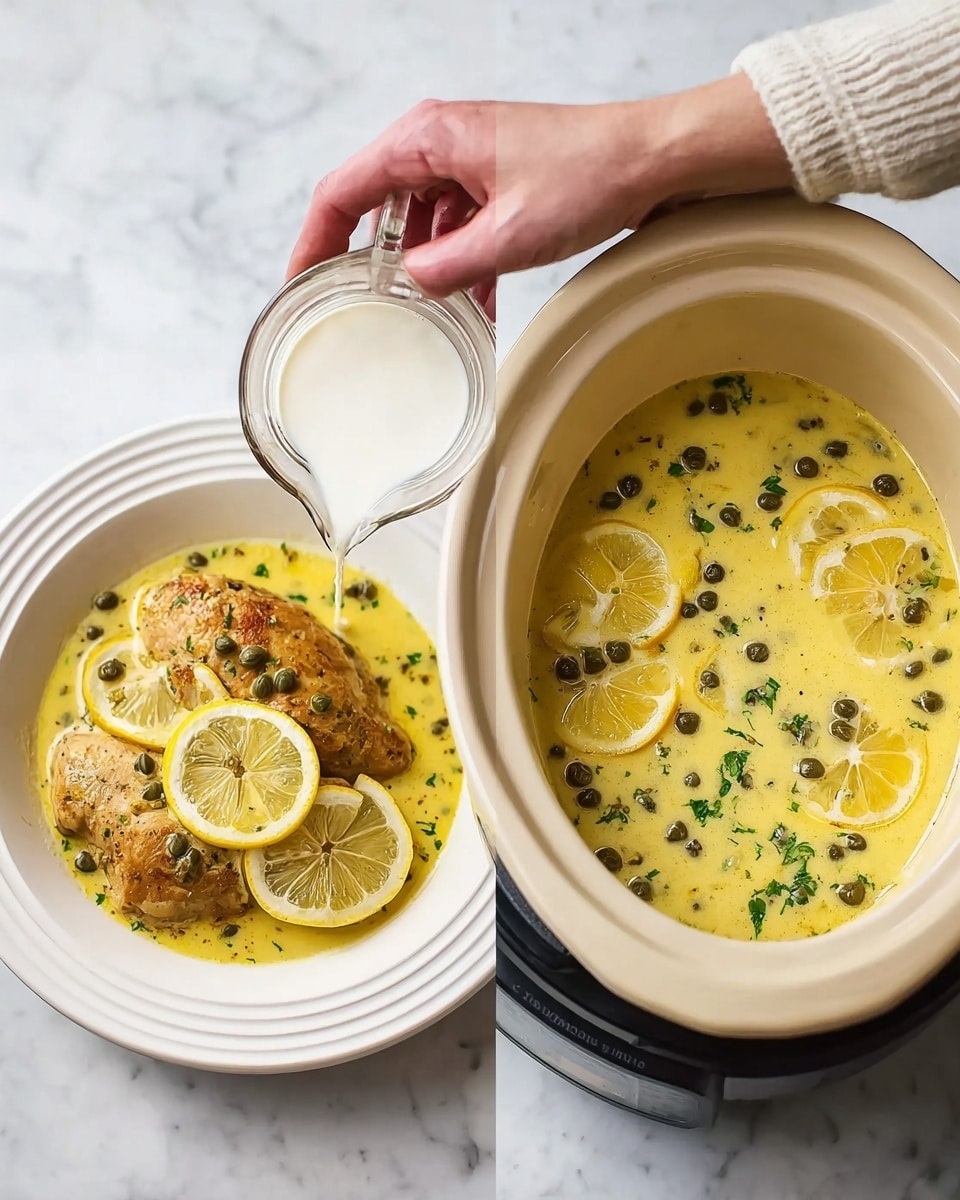 The first image shows a close-up of a slow cooker with a yellow sauce inside, speckled with small green capers, placed on a white marbled surface. A woman's hand is pouring a small glass of white creamy liquid into the slow cooker. In the background, there is a white plate holding three pieces of golden brown cooked meat. The second image shows the same slow cooker filled with a light yellow sauce, three cooked meat pieces on top, decorated with thin lemon slices and chopped green herbs, all resting on a white marbled surface. Photo taken with an iphone --ar 4:5 --v 7