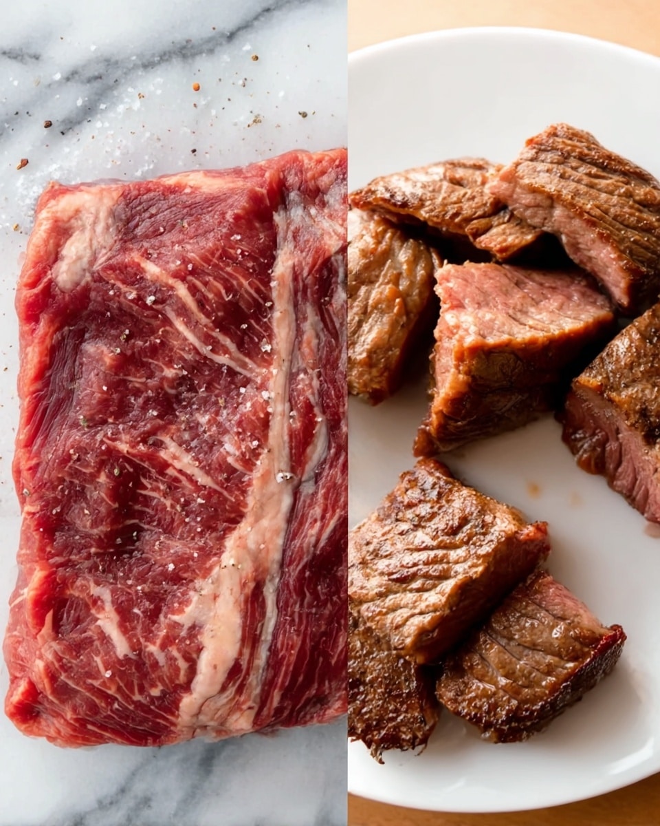 The image shows two side-by-side photos of beef. On the left side, there is a raw piece of beef with visible marbling and sprinklings of salt and pepper on a white marbled surface. The beef has a rich red color with white fat streaks. On the right side, there is a white plate holding several cooked beef pieces, showing a brownish, slightly charred texture on their surface. The cooked beef pieces look juicy and tender with a caramelized outer layer. Photo taken with an iphone --ar 4:5 --v 7