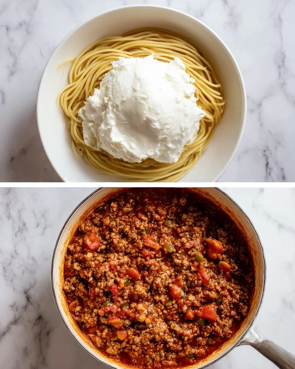 The first image shows a white bowl filled with a neat nest of plain spaghetti noodles at the bottom. On top of the noodles, there is a large dollop of smooth white cream cheese or ricotta, soft and slightly shiny in texture. In the second image, a saucepan sits on a white marbled surface, filled with a thick layer of cooked ground meat mixed with small diced red and green peppers, all in a rich dark red tomato sauce. The sauce looks moist and slightly oily, covering the beef mixture evenly. photo taken with an iphone --ar 4:5 --v 7