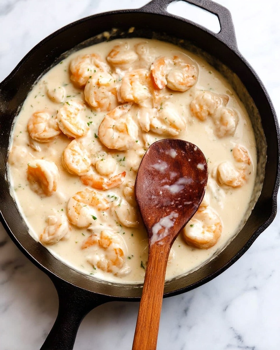 A close-up of a black cast iron pan filled with cooked shrimp in a creamy white sauce, the shrimp are pinkish and scattered evenly throughout the sauce, which is smooth and thick, coating the shrimp lightly. A wooden spoon with a rich brown color lies inside the pan, resting diagonally across the shrimp and sauce, showing some sauce on its surface. The pan is placed on a white marbled surface. Photo taken with an iphone --ar 4:5 --v 7