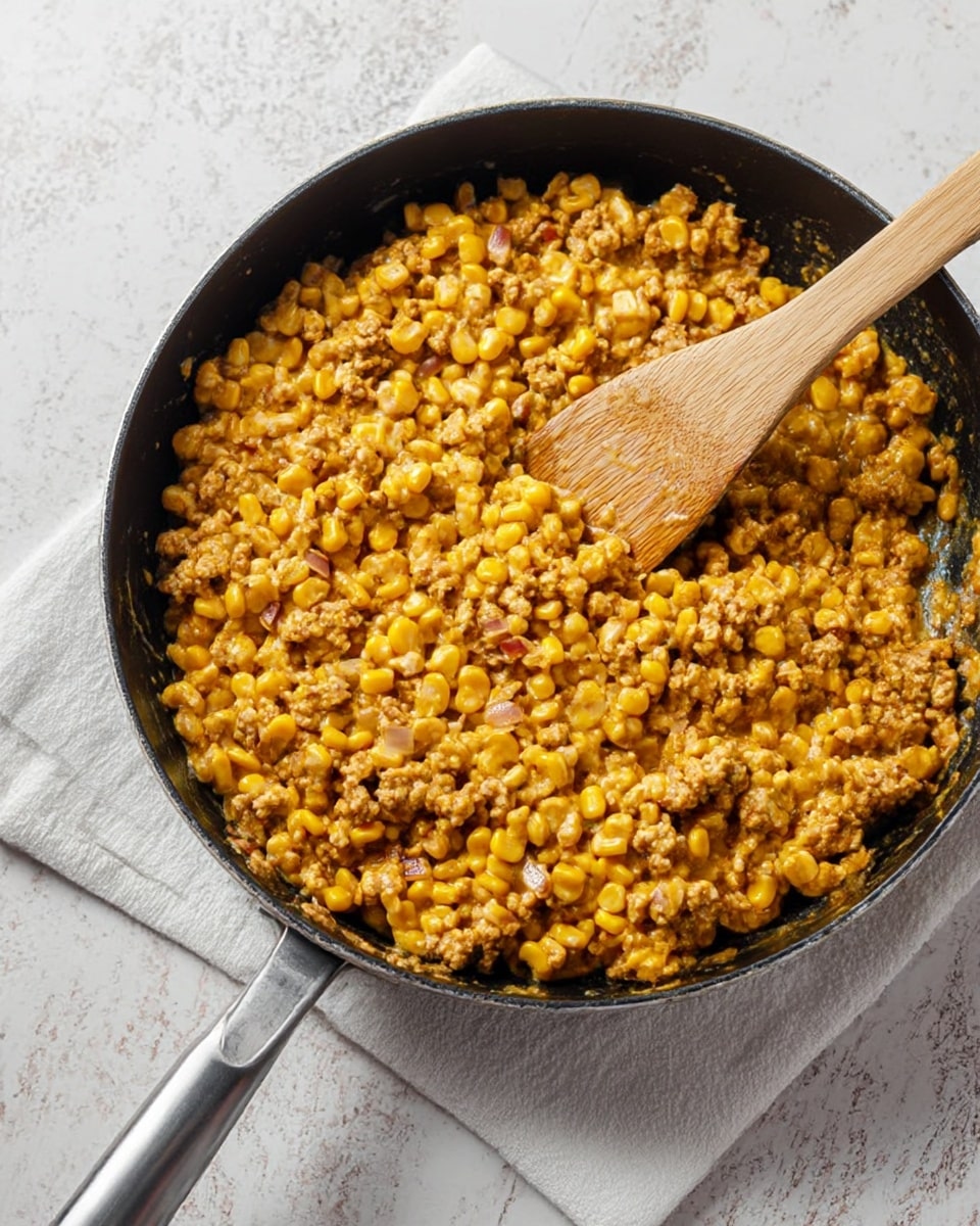 A black pan filled with a mixture of creamy yellow corn kernels and light brown cooked ground meat with small bits of red onion, stirred together with a wooden spatula that rests inside the pan. The pan is placed on a white cloth on top of a white marbled textured surface. The food looks warm and slightly saucy, evenly spread in the pan with a soft texture. Photo taken with an iphone --ar 4:5 --v 7