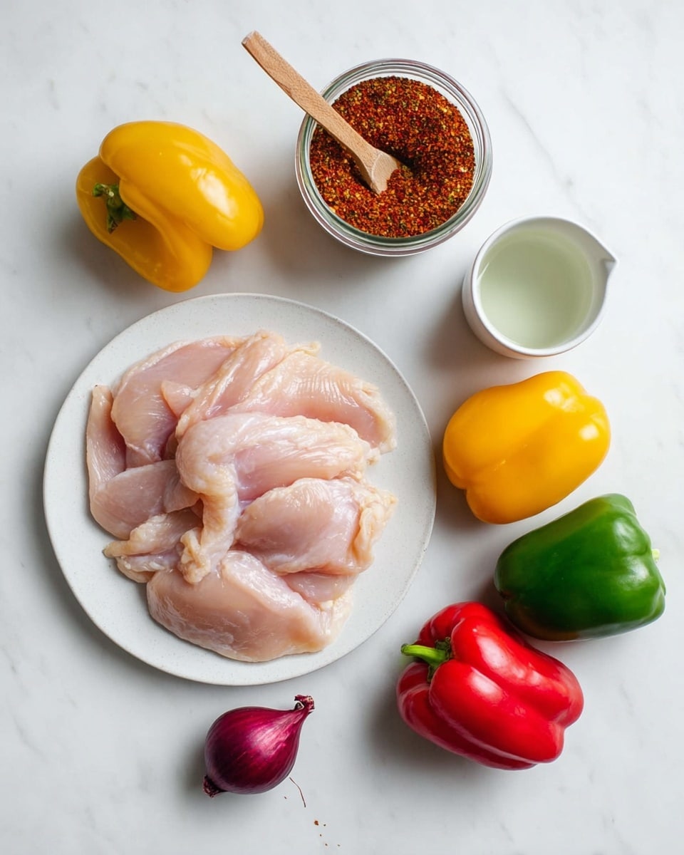 A white plate placed on a white marbled surface holds several raw pale pink chicken pieces lying loosely in overlapping layers. Around the plate, there are three whole bell peppers: one yellow, one red, and one green, all with smooth skins and visible green stems. A whole red onion with a dry outer skin and a small root end is near the bottom. Above the plate, a glass jar contains a coarse red spice mix with a small wooden spoon resting inside, and next to it is a small white ceramic cup filled with clear liquid. The scene is lit evenly with clean natural light. Photo taken with an iphone --ar 4:5 --v 7