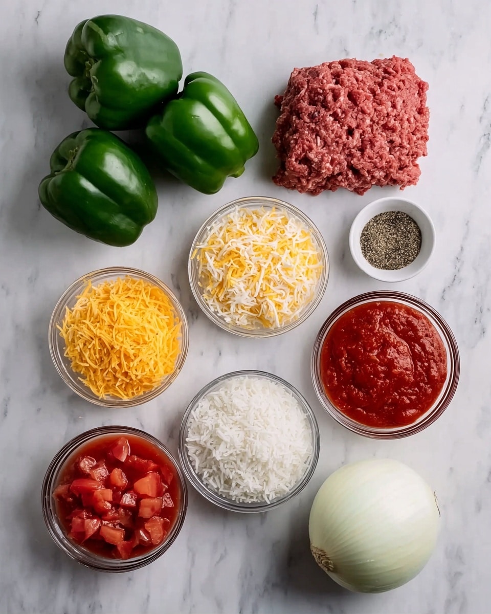 The image shows eight raw ingredients placed on a white marbled surface arranged in two rows. At the top row, from left to right, there are two whole green bell peppers with shiny, smooth skin, and a chunk of raw ground meat with a coarse texture. In the middle row, there are four small clear glass bowls and one small white bowl; the clear bowls have shredded yellow cheese, chopped tomatoes in red sauce, a thick red sauce, and white uncooked rice, while the white bowl contains finely ground black pepper. At the bottom right corner, there is a whole peeled white onion with a smooth surface. photo taken with an iphone --ar 4:5 --v 7