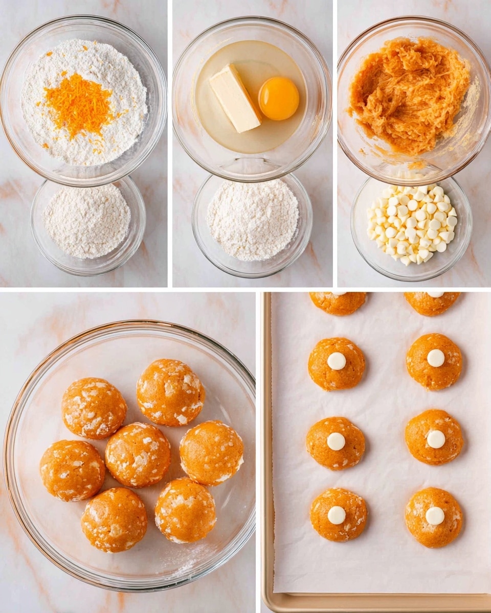 The image shows six steps of making orange cookies in clear glass bowls and a white baking tray, all on a white marbled surface. The first bowl holds white flour with a layer of sugar and orange zest on top. The second bowl shows the flour mix again with two cracked eggs and a long piece of butter sitting on top. The third bowl contains an orange dough mixed with many white chocolate chips on top. The fourth bowl shows the orange dough fully mixed with white chocolate chips spread inside. The fifth image displays six round dough balls with a small number of white chocolate chips on each ball, placed on white parchment paper on a white baking tray. The last image shows twelve baked round orange cookies with white chocolate chips, arranged in three rows on white parchment paper on a white baking tray. Photo taken with an iphone --ar 4:5 --v 7