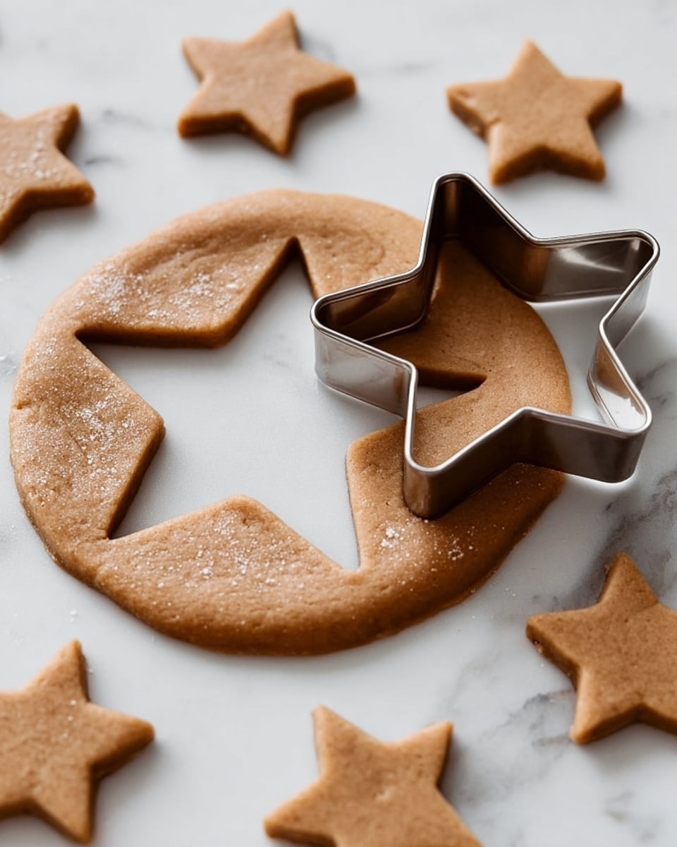 A smooth round layer of light brown dough with a star-shaped cutout in the center, showing the white marbled surface beneath; a metal star cookie cutter is pressing into the dough, matching the star shape; around the dough layer, several firm star-shaped dough cookies of the same light brown color are placed on the white marbled surface, visible on the edges of the image; the scene has a soft natural light that highlights the dough’s texture and the clean white marbled background photo taken with an iphone --ar 4:5 --v 7
