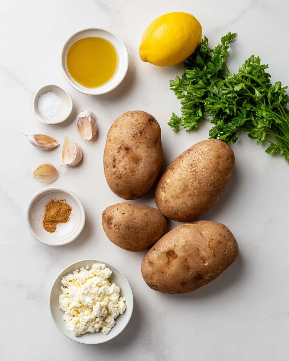 The image shows four whole russet potatoes with brown, rough skin placed on a white marbled surface. Around the potatoes, there are cloves of garlic with papery skins, a whole yellow lemon, and a small bunch of fresh green parsley leaves. Three small white bowls are filled with different ingredients: one has golden olive oil, another contains white salt, and the last holds a light brown spice. There is also a white bowl with crumbly white cheese in the lower left corner. Everything is neatly spread out with clear space between each item, against the clean white marbled background. photo taken with an iphone --ar 4:5 --v 7
