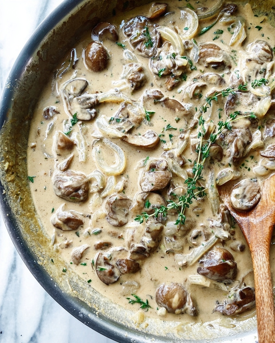 A close-up view of a creamy mushroom sauce in a metal pan, with a light beige sauce filled with small and medium slices of cooked brown mushrooms and thin sliced onions. The sauce looks smooth and slightly thick, with some small green herb leaves scattered throughout and a few fresh sprigs of thyme resting on top. There is a wooden spoon partially dipped into the sauce on the right side, showing the texture of the sauce and ingredients. The pan rests on a white marbled surface. Photo taken with an iphone --ar 4:5 --v 7