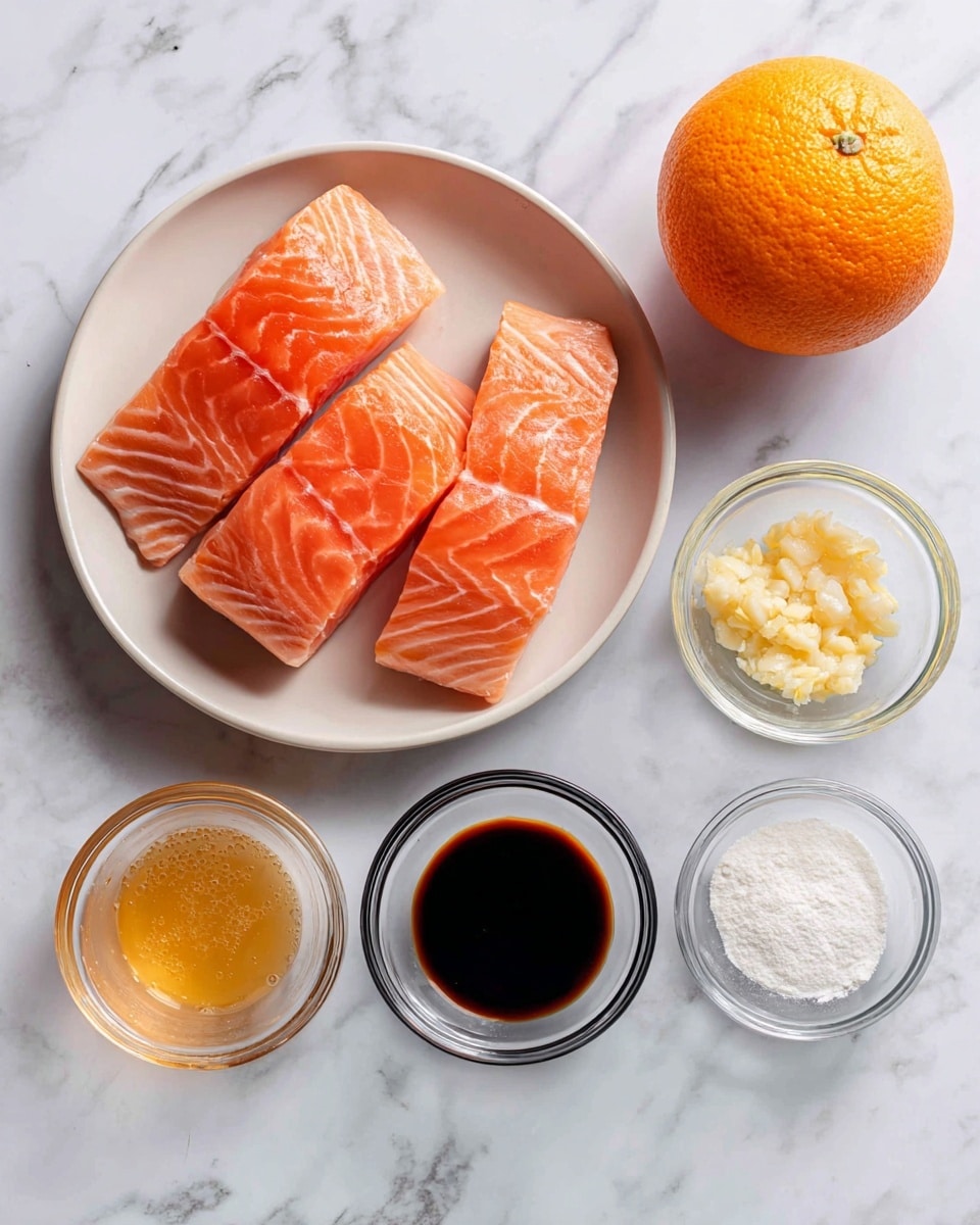 On a white marbled surface, there is a round white bowl on the left filled with three raw salmon pieces showing their pinkish-orange color with visible skin and flesh patterns. To the right of the bowl, there is a whole bright orange fruit. Below the orange, there are four small clear glass bowls arranged in a row: the first one holds dark soy sauce, the second contains minced garlic that is light yellow, the third has light golden honey with small bubbles on top, and the last one holds white corn starch powder. Each item is clear and neatly placed, creating a clean and organized look. Photo taken with an iphone --ar 4:5 --v 7