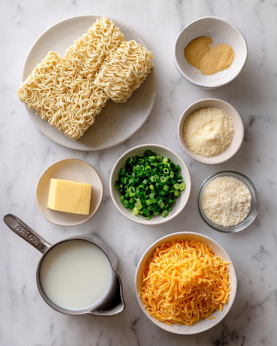 The image shows the ingredients for a ramen dish arranged neatly on a white marbled surface. At the top left, there are two blocks of uncooked ramen noodles placed stacked on a white plate. To their right, a small white bowl holds a light yellow powder of ramen seasoning, with a small yellow square of butter next to it. Below the noodles on the left side, a small white bowl is filled with chopped green onions. In the middle bottom, a white bowl is filled with shredded cheddar cheese that is a bright orange color. To the right of the cheddar, a small white bowl contains parmesan cheese that looks powdery and pale yellow. Above the parmesan, a small glass bowl holds a light beige powder of garlic. To the right and slightly above the garlic, there is a metal measuring cup filled with white milk, showing a bit of foam on top. The whole setting is clean, organized, and the colors contrast well with the white marbled surface photo taken with an iphone --ar 4:5 --v 7