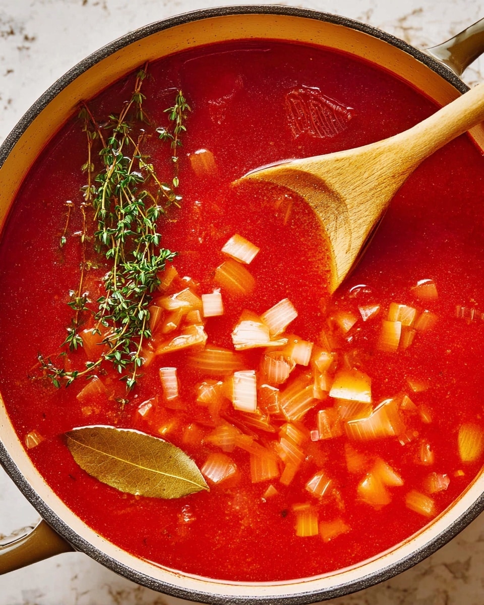 A large white pot filled with bright red tomato soup, visible layers include evenly chopped light yellow onions floating throughout the soup, fresh green thyme sprigs placed on the left side, and a light brown bay leaf resting near the center. A wooden spoon with a smooth texture and natural wood color lies across the top, partially submerged in the soup. The background surface is a white marbled texture. photo taken with an iphone --ar 4:5 --v 7