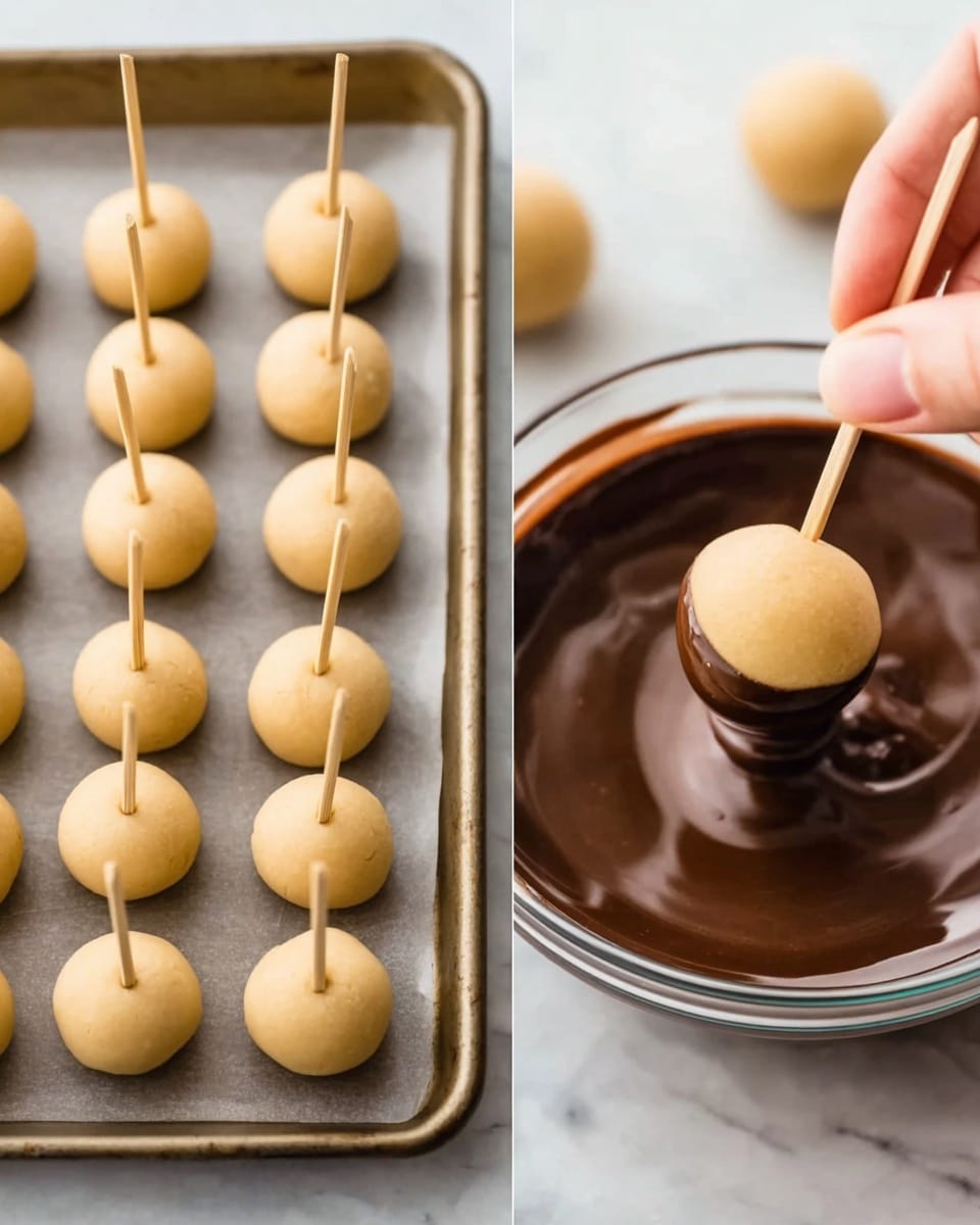 The image shows two scenes side by side featuring small round dough balls that are light beige in color. On the left, many dough balls are arranged on a baking tray with a silver-gray color, each pierced on top with a wooden toothpick. On the right, a close-up shows a woman's hand holding a toothpick with one dough ball dipped halfway into a clear glass bowl filled with thick, dark brown chocolate. The surface beneath the bowl and tray is white with a marbled texture. The sharp contrast between the creamy dough balls and rich chocolate creates a smooth and tempting look. Photo taken with an iphone --ar 4:5 --v 7