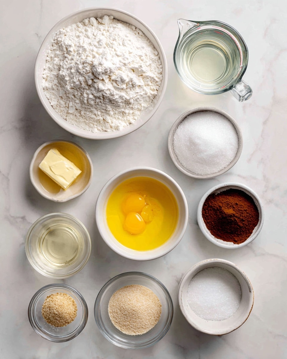 A flat lay image of cooking ingredients arranged neatly on a white marbled surface. In the top left, a white bowl full of white flour with a soft, powdery texture. To its right, a clear glass measuring cup filled with clear water. Below the flour, a white bowl with melted yellow butter showing a smooth, shiny surface. Next to butter, a small white bowl of bright yellow beaten egg with a smooth, liquid texture. In the middle, there is a small white bowl filled with white granulated sugar that looks fine and grainy. To the right of the sugar, a small clear glass bowl of dark brown cinnamon powder with a soft texture. Below the egg, a clear glass cup of clear oil. Below the oil, a small clear bowl of light beige dry yeast granules, looking grainy. Next to the yeast, a small clear bowl with white salt crystals. To the bottom right, a white cup filled with white shortening showing a soft, creamy texture. All items are separated with some space between them, creating a clean and organized look. Photo taken with an iphone --ar 4:5 --v 7