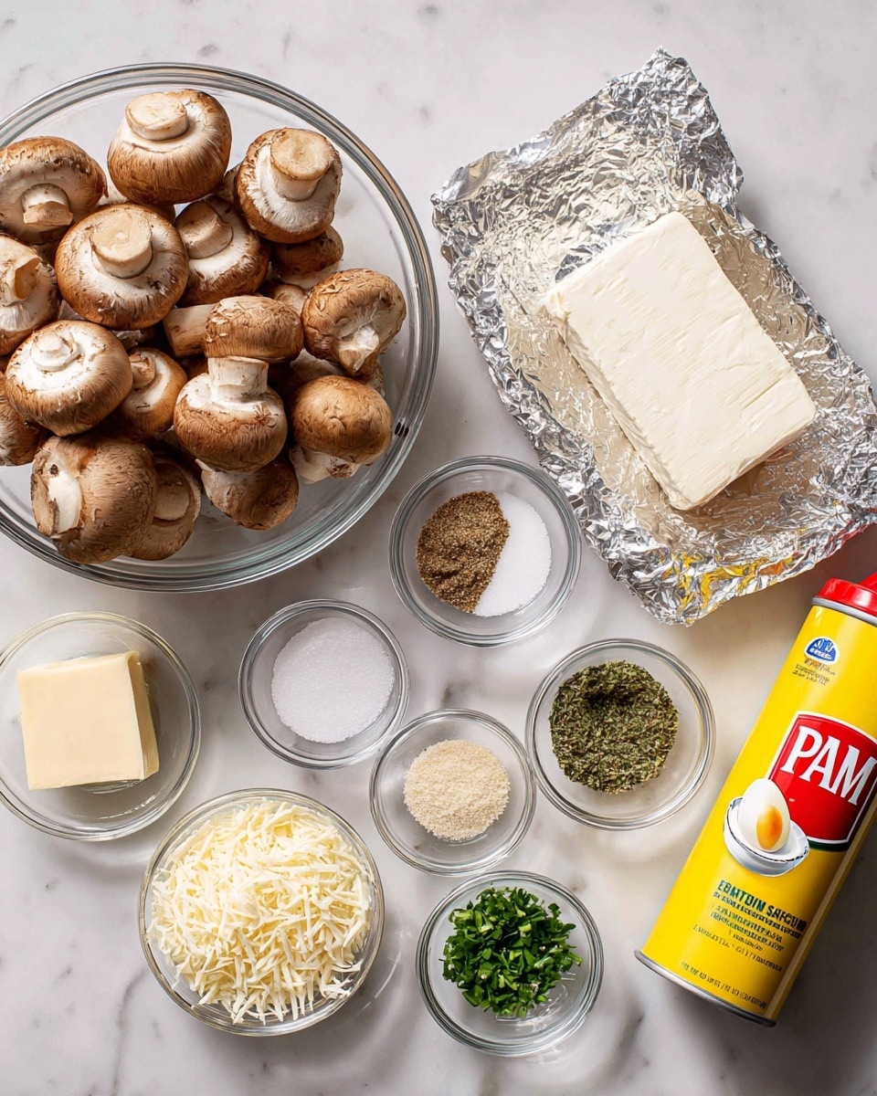 A top-down view of several cooking ingredients arranged neatly on a white marbled surface. In the top left, there is a large clear glass bowl filled with whole brown mushrooms showing smooth caps and stems. To the right, a wrapped rectangle of cream cheese sits, foil slightly crinkled. Around it are small clear glass bowls containing different seasonings and chopped ingredients: coarse white salt, finely chopped green herbs, minced garlic, black pepper, and a light beige grainy powder. Near the bottom left, a small cube of butter and a bowl of shredded white cheese are placed next to a yellow and red can of PAM cooking spray showing an egg graphic on it. Everything looks clean and organized, photographed with natural light. Photo taken with an iphone --ar 4:5 --v 7