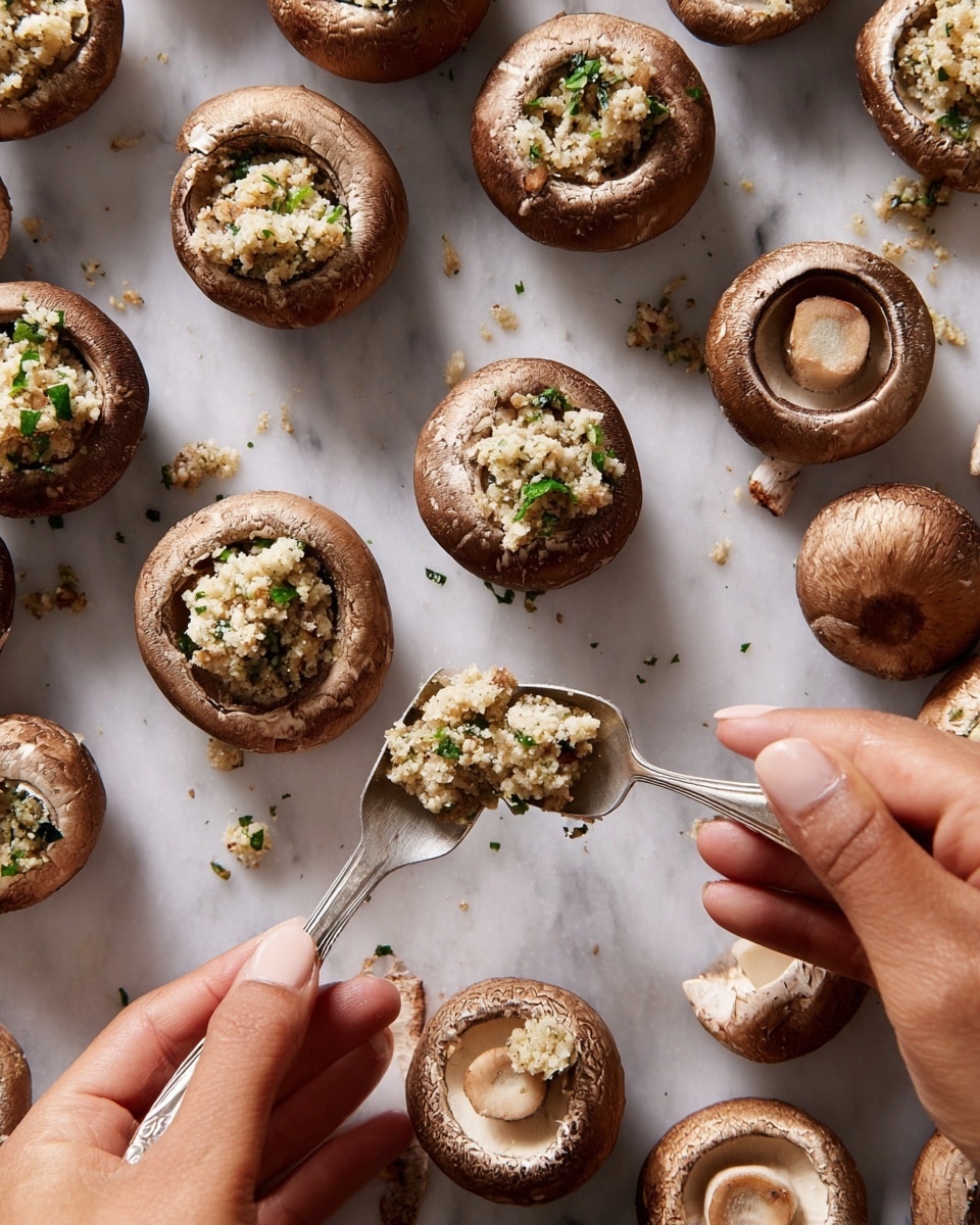 A close-up of many brown mushrooms with hollow centers laid out on a white marbled surface, some mushrooms are empty while others have a light beige crumbly filling with bits of green herbs on top, a pair of woman's hands are using two silver spoons to scoop and fill one mushroom with the crumbly mixture, and a few small crumbs lie scattered around the mushrooms, photo taken with an iphone --ar 4:5 --v 7