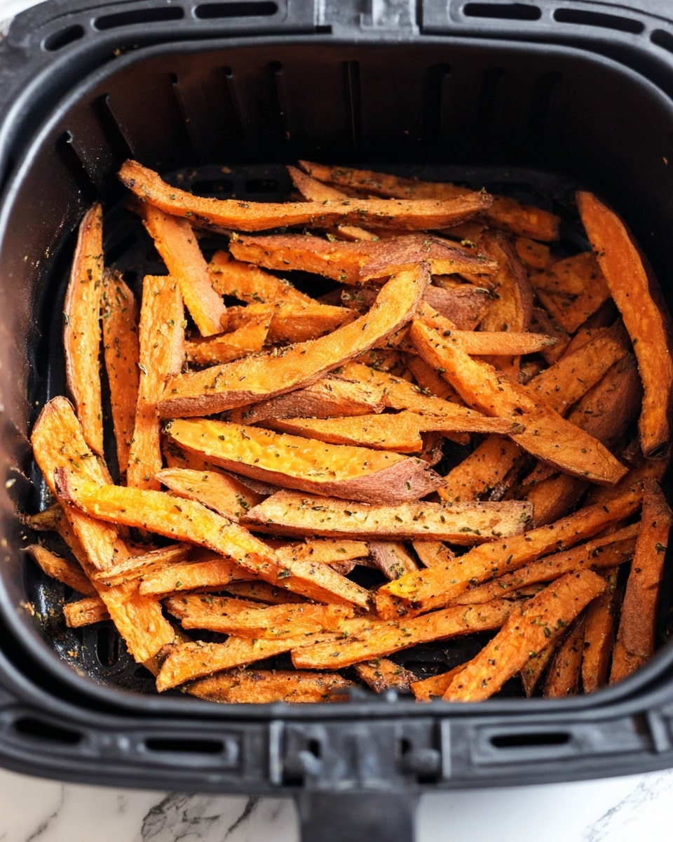 A pile of air-fried sweet potato fries fills a black air fryer basket, showing a mix of bright orange and slightly darkened brown edges, with a rough texture and visible herb seasoning scattered across the fries. The fries are long, thin, and layered loosely in the basket, with some slightly curled and others straight. The air fryer basket has open slits on the sides allowing air flow, and the whole scene is set against a white marbled texture. Photo taken with an iphone --ar 4:5 --v 7