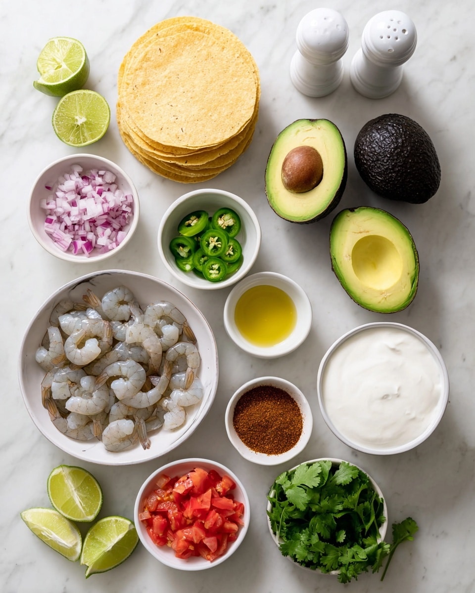 The image shows several white bowls and plates arranged on a white marbled surface, each holding different fresh ingredients. One bowl contains peeled, raw shrimp with a light translucent gray color. Nearby, two whole dark green avocados sit alongside one avocado cut in half, revealing a light green inside with a brown seed in one half and an empty seed cavity in the other. There is a stack of round yellow corn tortillas. Small white bowls hold diced red tomatoes, finely chopped red onions, bright green sliced jalapeño peppers, and fresh green cilantro leaves. Another bowl contains a smooth white cream, and one bowl contains yellow olive oil. A small white bowl holds a mix of ground spices, including red, brown, and light tan powders. Two lime halves with bright green flesh are also placed on the surface. White salt and pepper shakers are visible in the corner. The photo taken with an iphone --ar 4:5 --v 7