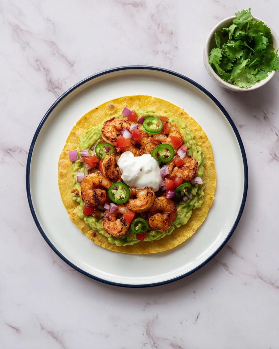 A single yellow tortilla with a rough texture sits at the center of a white plate with a thin dark blue rim, placed on a white marbled surface. The first layer on the tortilla is a spread of green guacamole, smooth with small chunks visible. On top are six pieces of cooked shrimp, golden brown with some char marks, arranged evenly in a circle around the tortilla. Scattered on the shrimp are small diced red tomatoes and finely chopped red onions, adding pops of red and purple. Five thin green slices of jalapeño rings are placed around the shrimp. In the center, there is a dollop of white sour cream. To the right of the plate, a small white bowl holds fresh green cilantro leaves. Photo taken with an iphone --ar 4:5 --v 7