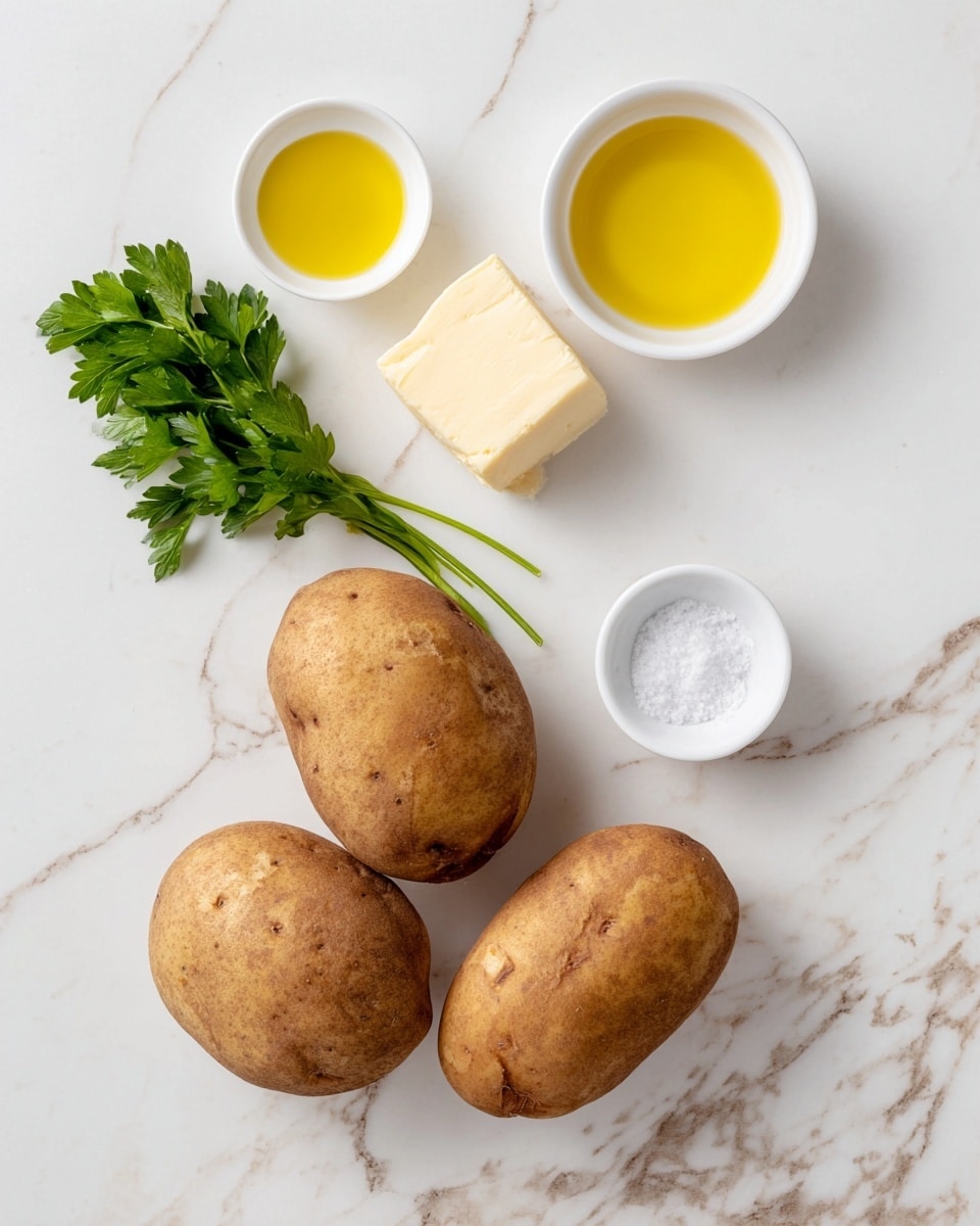 The image shows a white marbled surface with four large, brown potatoes placed in the lower right corner. Above the potatoes, there is a small wedge of pale yellow cheese. To the left of the cheese, there is a green sprig of parsley with detailed leaf texture. Two small white bowls with yellow oil inside are placed, one in the top right and one in the bottom left corners. A small white bowl containing white salt is placed near the center right of the image. The items are spread out evenly across the white marbled surface, each with clear natural lighting and a clean, simple look. Photo taken with an iphone --ar 4:5 --v 7