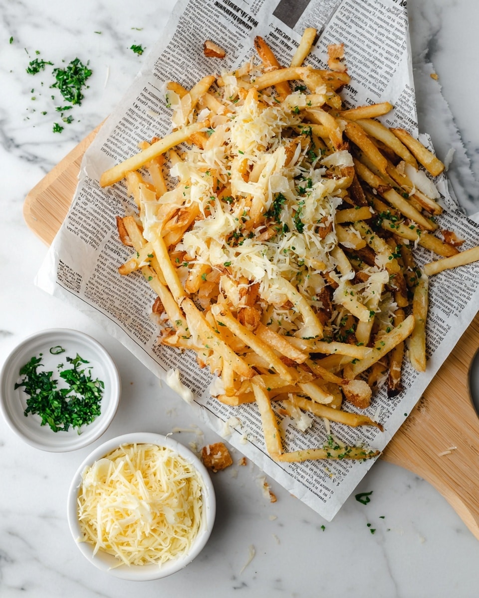 A pile of golden French fries with some lightly browned edges sits on crumpled newspaper on a light wood board. The fries are topped with scattered shreds of pale yellow cheese and small green herb pieces. In front of the board, there are two small white bowls, one filled with shredded cheese and the other with a few chopped green herbs inside. The whole scene is set on a white marbled surface. photo taken with an iphone --ar 4:5 --v 7