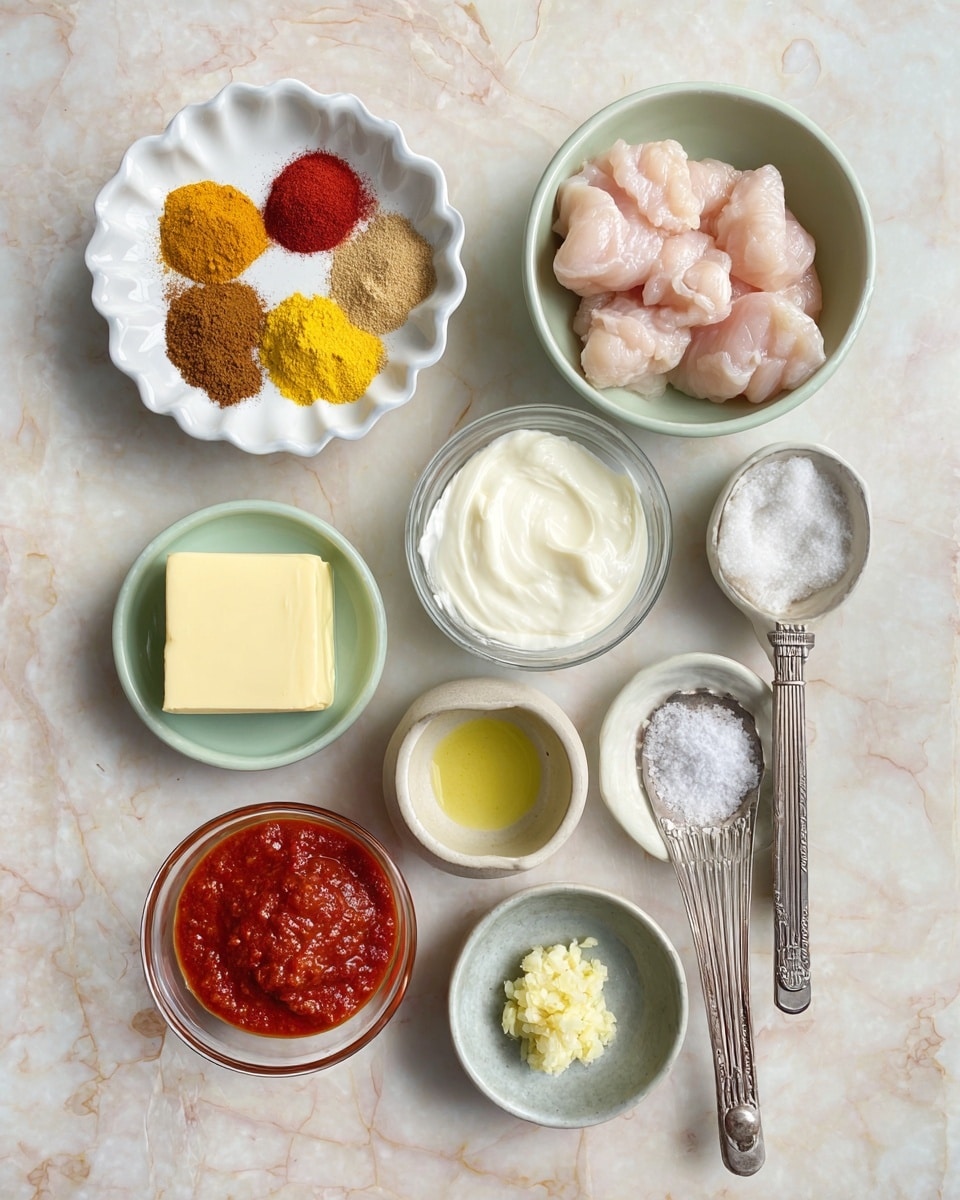 The image shows several small bowls and measuring spoons arranged on a white marbled surface. There is one white scalloped dish with five colorful powders: red, yellow, light brown, dark brown, and a mustard yellow, placed in small mounds on the left. To the right, two light green bowls hold creamy white yogurt on the top and raw light pink chicken pieces below it. Below these, there is a small clear bowl filled with bright red tomato paste. Nearby, there is a small grey dish with a dollop of pale yellow minced garlic. Two measuring spoons with salt and a white powder sit on the right. On the left, a clear bowl contains a rectangular block of soft yellow butter, and next to it is a small white ceramic cup with some cream. A small metal cup with lemon juice sits above the garlic bowl, all on the same white marbled surface. photo taken with an iphone --ar 4:5 --v 7