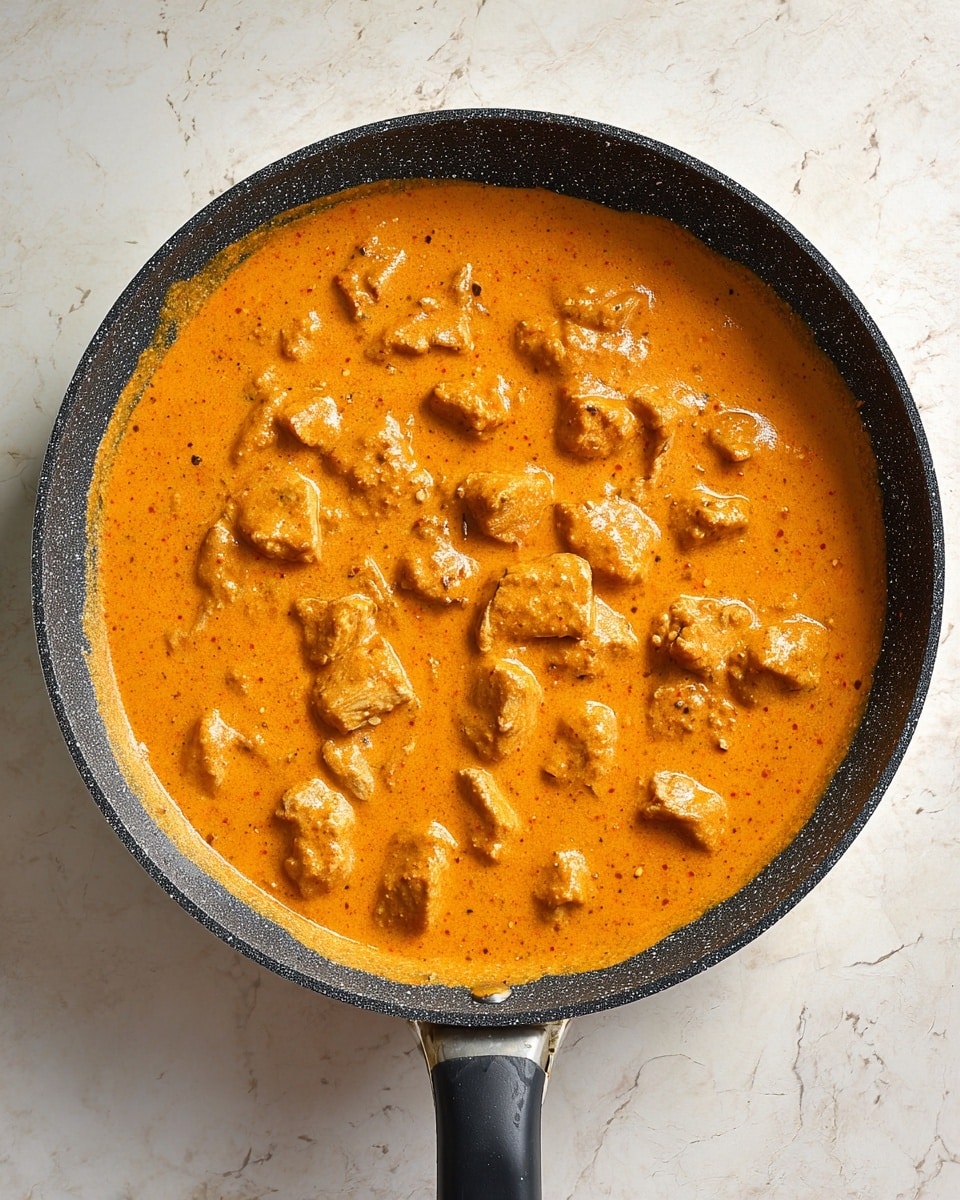 A black frying pan contains a thick orange curry sauce with chunks of meat evenly spread throughout. The sauce has a smooth, creamy texture with tiny specks of spices visible, coating the meat pieces fully. The skillet's inside has a light speckled pattern, contrasting with the vibrant sauce. The pan is set on a white marbled textured surface, which adds subtle light reflections around the pan edges. Photo taken with an iphone --ar 4:5 --v 7