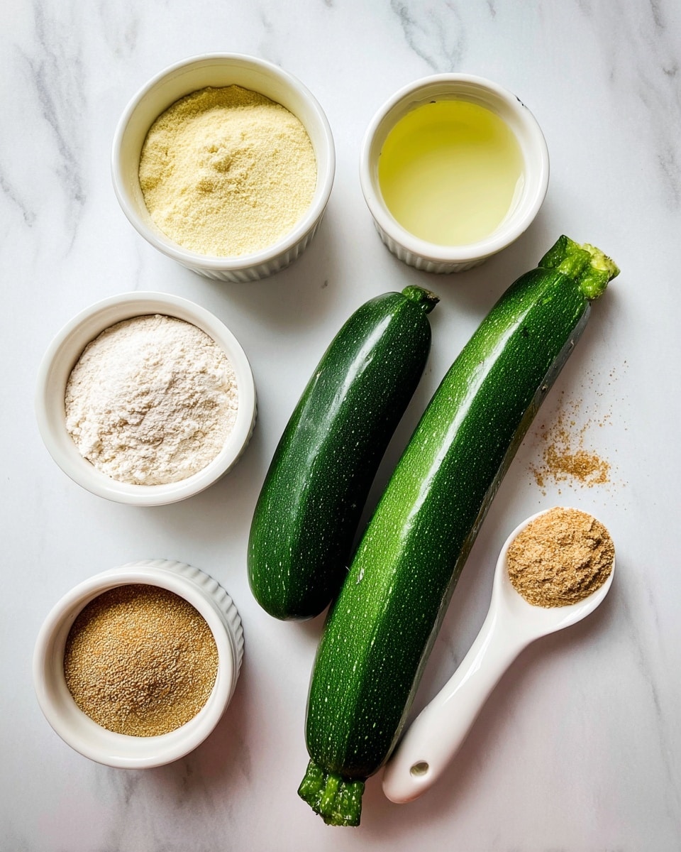 The image shows two green zucchinis placed side by side on a white marbled surface. Around them are four white ramekins and one white ceramic spoon. The ramekins contain different powders and liquid: one has a pale yellow powder, another has a clear light yellow liquid, the third has a coarse brownish powder, and the fourth holds a white flour-like powder. The white ceramic spoon has a small amount of light brown powder on it. All items are neatly arranged in a loose circle around the zucchinis. photo taken with an iphone --ar 4:5 --v 7