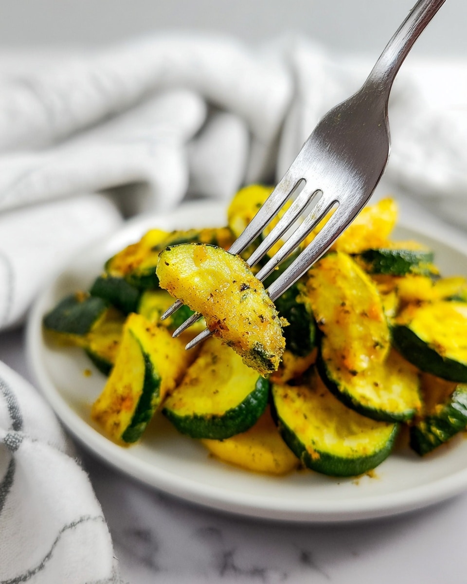 A close-up view of cooked zucchini pieces on a white plate, with the zucchini cut into thick half-moon shapes showing a mix of bright yellow and deep green colors. The yellow coating on the zucchini looks textured and slightly crisp, covering a little more than half of each piece, while the green skin forms the other part. A silver fork is lifting one piece of zucchini cleanly from the plate, with the fork’s prongs focused sharply and the background softly blurred. The scene is set on a white marbled surface with a softly blurred white and gray striped cloth in the background, giving a fresh and clean look. Photo taken with an iphone --ar 4:5 --v 7