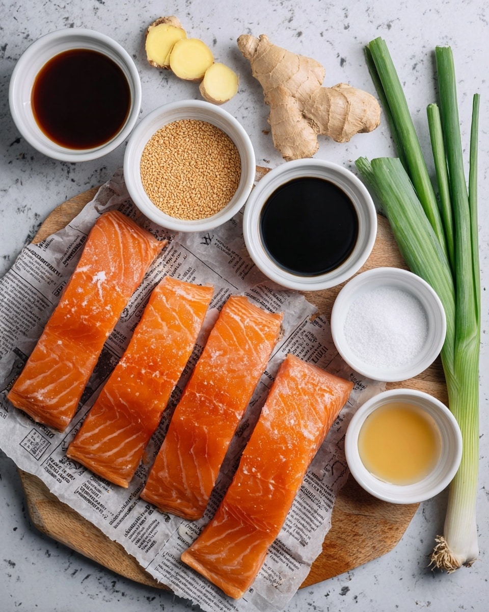 Four raw salmon fillets with a bright orange color and white marbling are laid side by side on crumpled newspaper on a wooden cutting board. Around them are six small white bowls; one holds dark soy sauce, another light brown sugar, one has white granulated powder, another has pale sesame seeds, and one is empty. A small amount of honey-colored liquid is in another bowl. Fresh ingredients include a piece of yellow ginger slice, five garlic cloves, and two long green onions with white ends placed at the bottom. The background is a white marbled surface. Photo taken with an iphone --ar 4:5 --v 7
