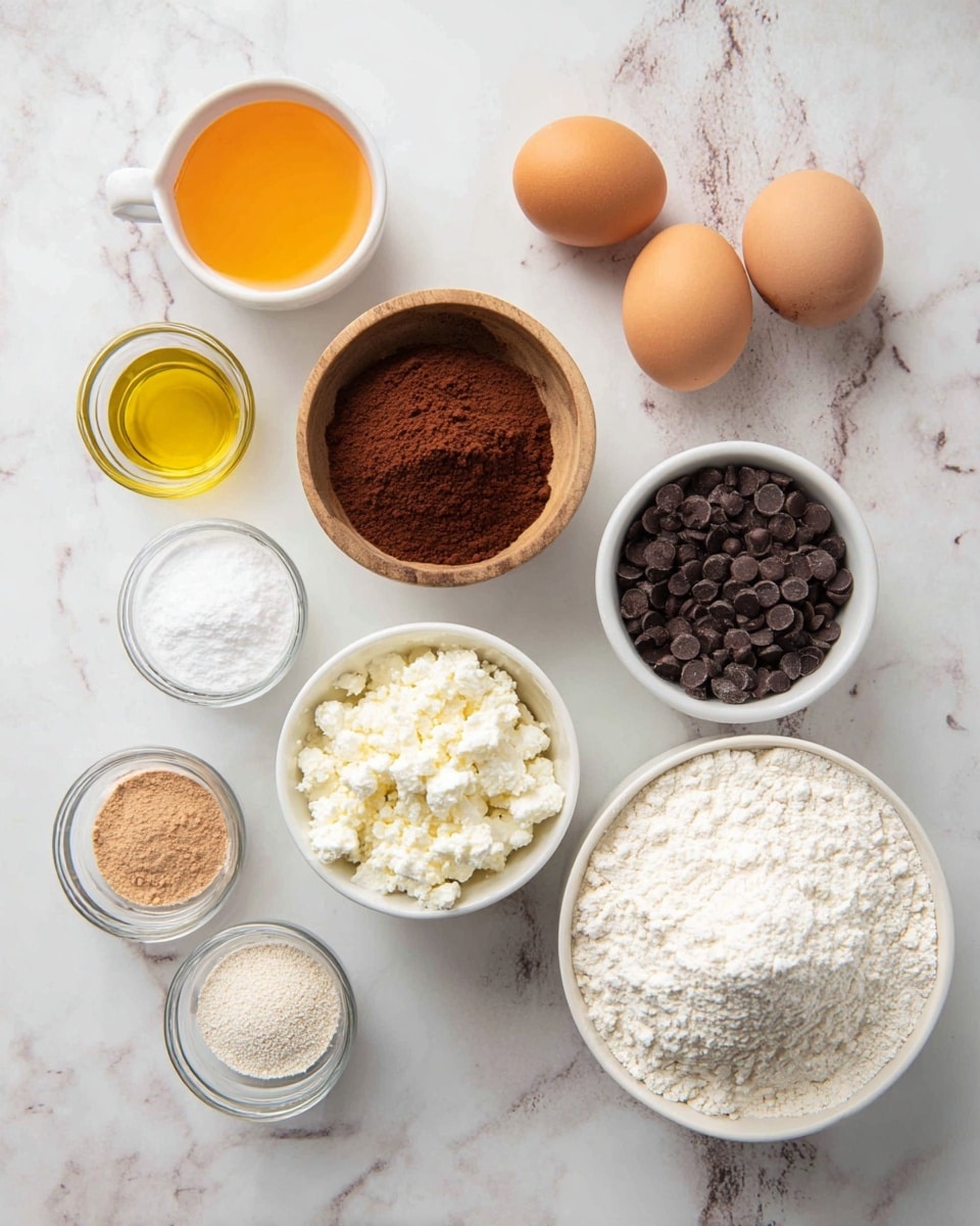 A top view of baking ingredients neatly placed on a white marbled surface, including a white bowl filled with flour at the bottom right, two brown eggs next to it, and a glass of yellow oil slightly above the eggs. Nearby, a small white bowl contains brown cocoa powder, while another white bowl holds dark chocolate chips towards the top right. There is a white ramekin with an orange liquid at the top left, a wooden bowl filled with packed brown sugar next to it, and a white bowl full of white cottage cheese in the center. Three small glass bowls with white and light brown fine powders are arranged in the bottom left area. The light is soft and natural, and some parts of a woman's hand are visible touching the surface. Photo taken with an iphone --ar 4:5 --v 7