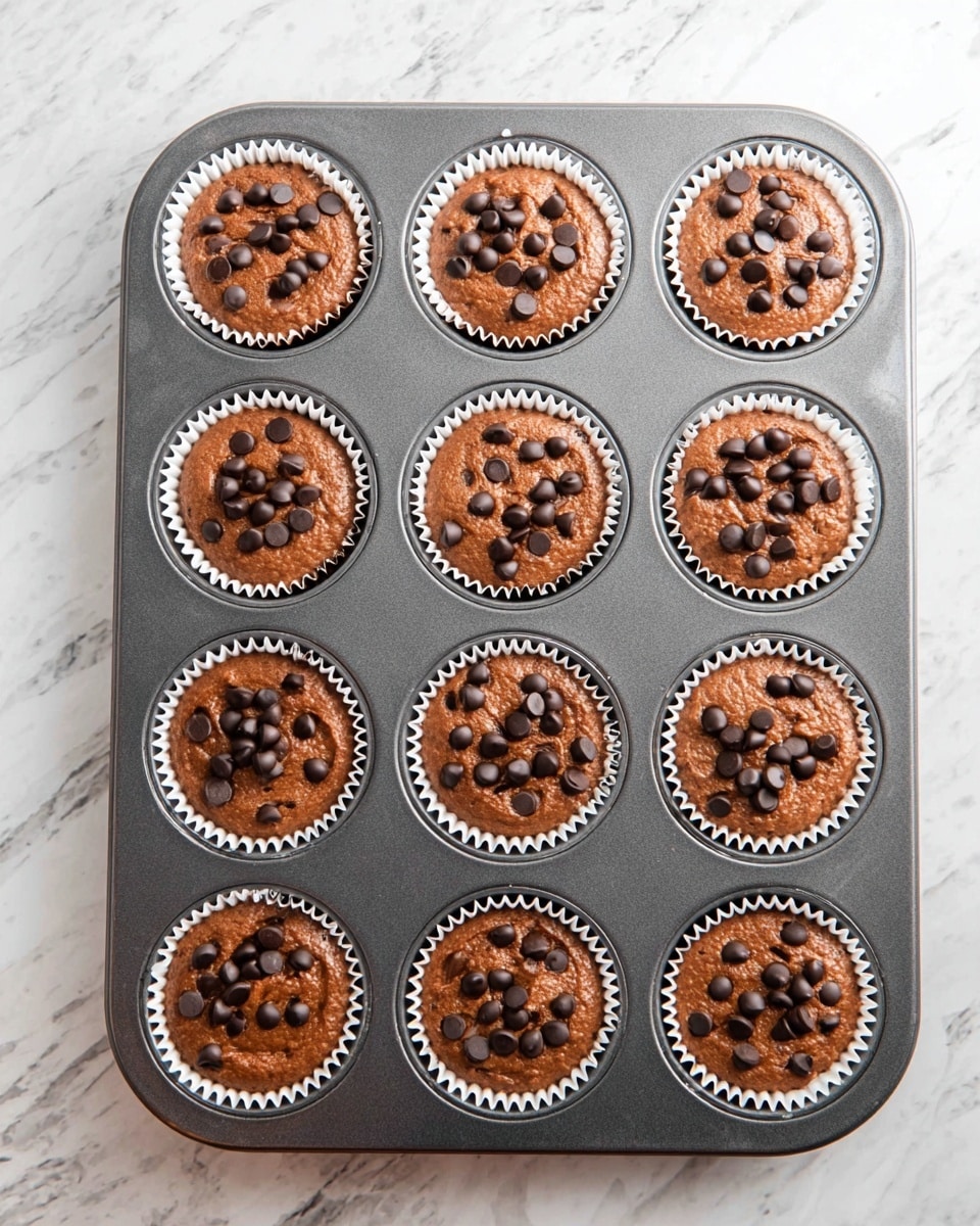 A dark gray metal muffin tray holds twelve spots, each filled with a brown batter mixed with chocolate chips. Each spot has a white cupcake liner with ruffled edges, and the batter inside is smooth with chocolate chips scattered on top in uneven patterns. The tray is set on a white marbled surface. photo taken with an iphone --ar 4:5 --v 7