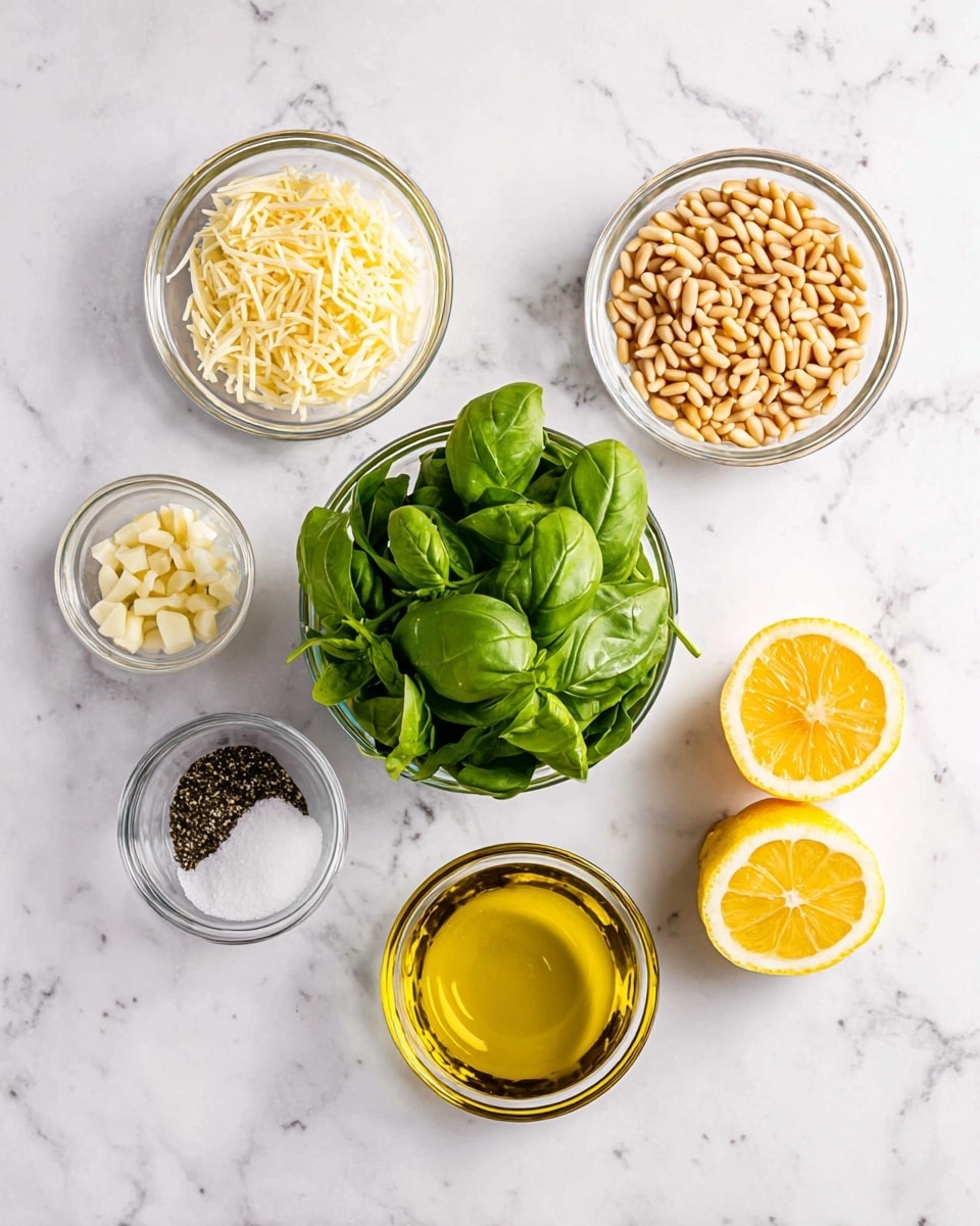 Seven small glass bowls with different ingredients are arranged on a white marbled surface. The largest bowl at the center holds fresh green basil leaves with a smooth texture. Above it, a bowl filled with light brown pine nuts. To the left of the pine nuts is a bowl with finely shredded pale yellow cheese. Below it, another small bowl containing chopped garlic pieces. At the bottom left, a small bowl is divided into two halves: white salt on one side and black pepper on the other. On the right side near the bottom, a bowl with golden yellow olive oil. At the top right, two bright yellow lemon halves with visible segments lie flat. Photo taken with an iphone --ar 4:5 --v 7