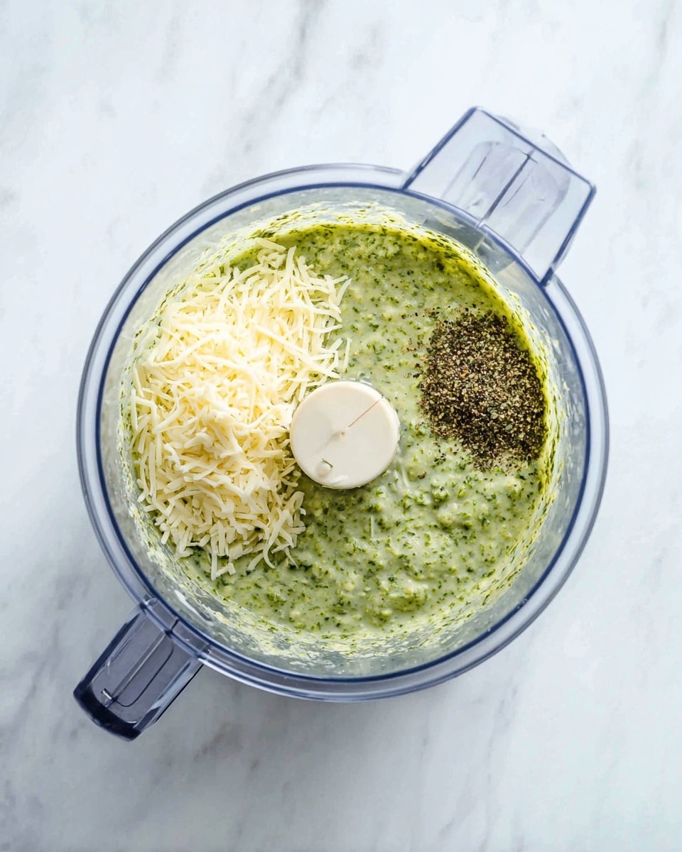 A clear blender bowl filled with a thick green mixture with small bits, topped with a pile of finely shredded pale yellow cheese on the left and a small mound of black pepper on the right, all on a white marbled surface, viewed from above with the blender blade center visible photo taken with an iphone --ar 4:5 --v 7