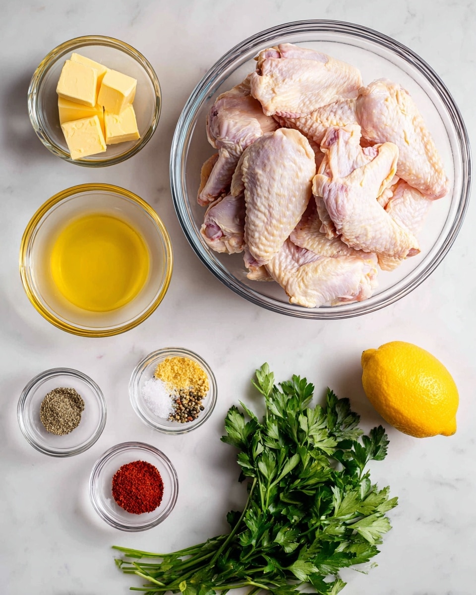 A large clear glass bowl filled with raw chicken wings that have a pale pink and light yellow skin texture sits on a white marbled surface. Surrounding the bowl are smaller clear glass bowls containing bright yellow butter cubes, fine yellow lemon zest, a pale yellow liquid, and ground spices in small piles: deep red paprika, mixed black and beige pepper, and white salt with black pepper. A whole bright yellow lemon rests near a bunch of fresh green parsley leaves, vibrant and leafy, arranged on the bottom right of the image. All ingredients are laid neatly on the white marbled background, creating a clean and organized setting photo taken with an iphone --ar 4:5 --v 7
