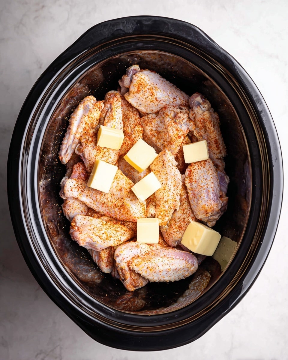 Inside a dark slow cooker, there are several raw chicken wings piled up as the bottom layer with a pale pink and white color. On top of the wings, a layer of reddish seasoning is sprinkled evenly, giving a speckled texture across the chicken. Four small cubes of pale yellow butter are placed on top of the seasoned wings, adding a smooth and shiny contrast. The slow cooker sits on a white marbled surface. Photo taken with an iphone --ar 4:5 --v 7
