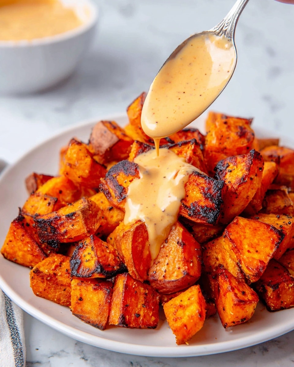A white plate holds a pile of small, square orange roasted sweet potato pieces with dark, slightly charred edges and a textured surface that looks crispy. A silver spoon, held by a woman's hand, pours a thick, light orange creamy sauce with specks over the sweet potatoes, with sauce dripping down and pooling over the pieces. The background and surface are white with a marbled texture. photo taken with an iphone --ar 4:5 --v 7